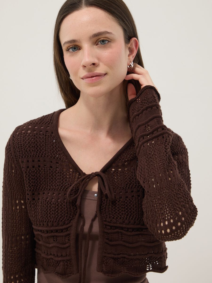 Cardigan in puro cotone marrone regular fit lavorato a maglia deep V_3