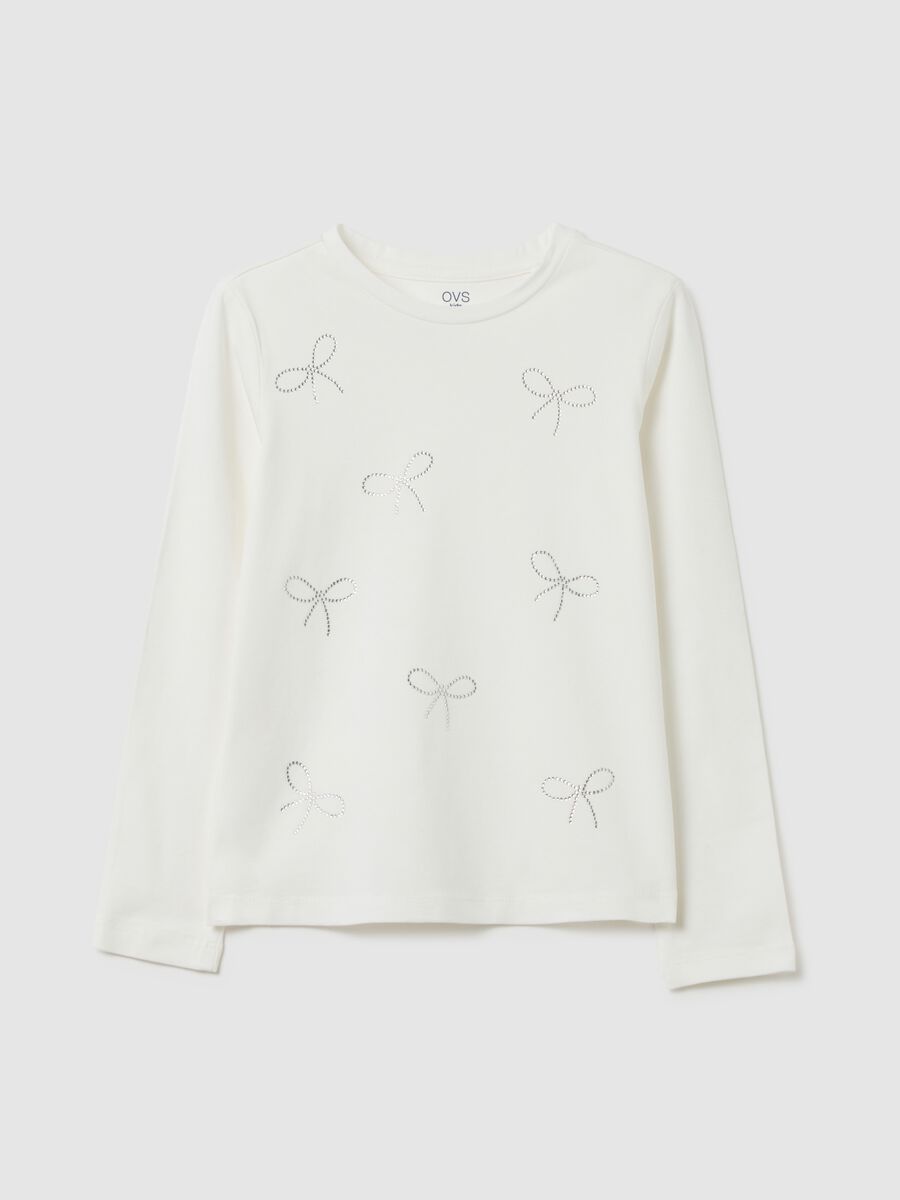 Maglia da bambina in cotone bianco regular fit con fiocchi strass_0