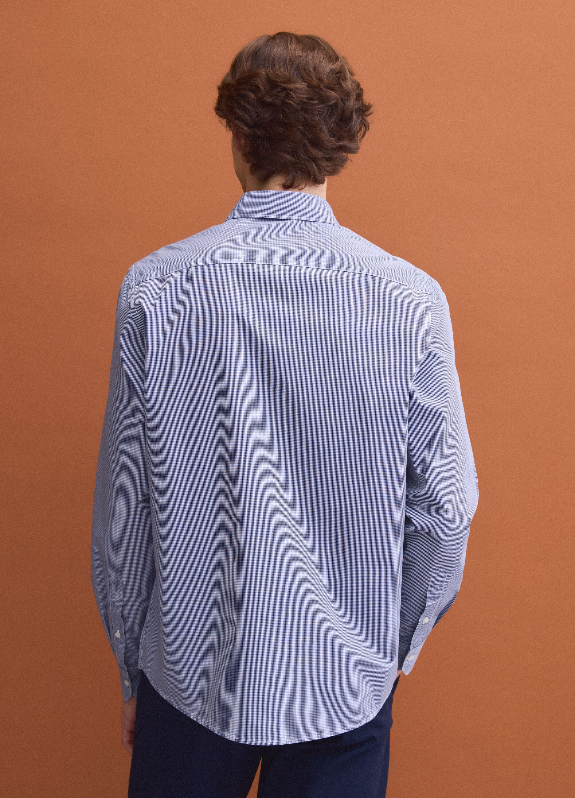Light blue pure cotton poplin check shirt, regular fit