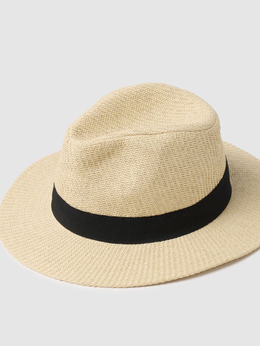 Men's hat in beige multicolour fabric with black band_1