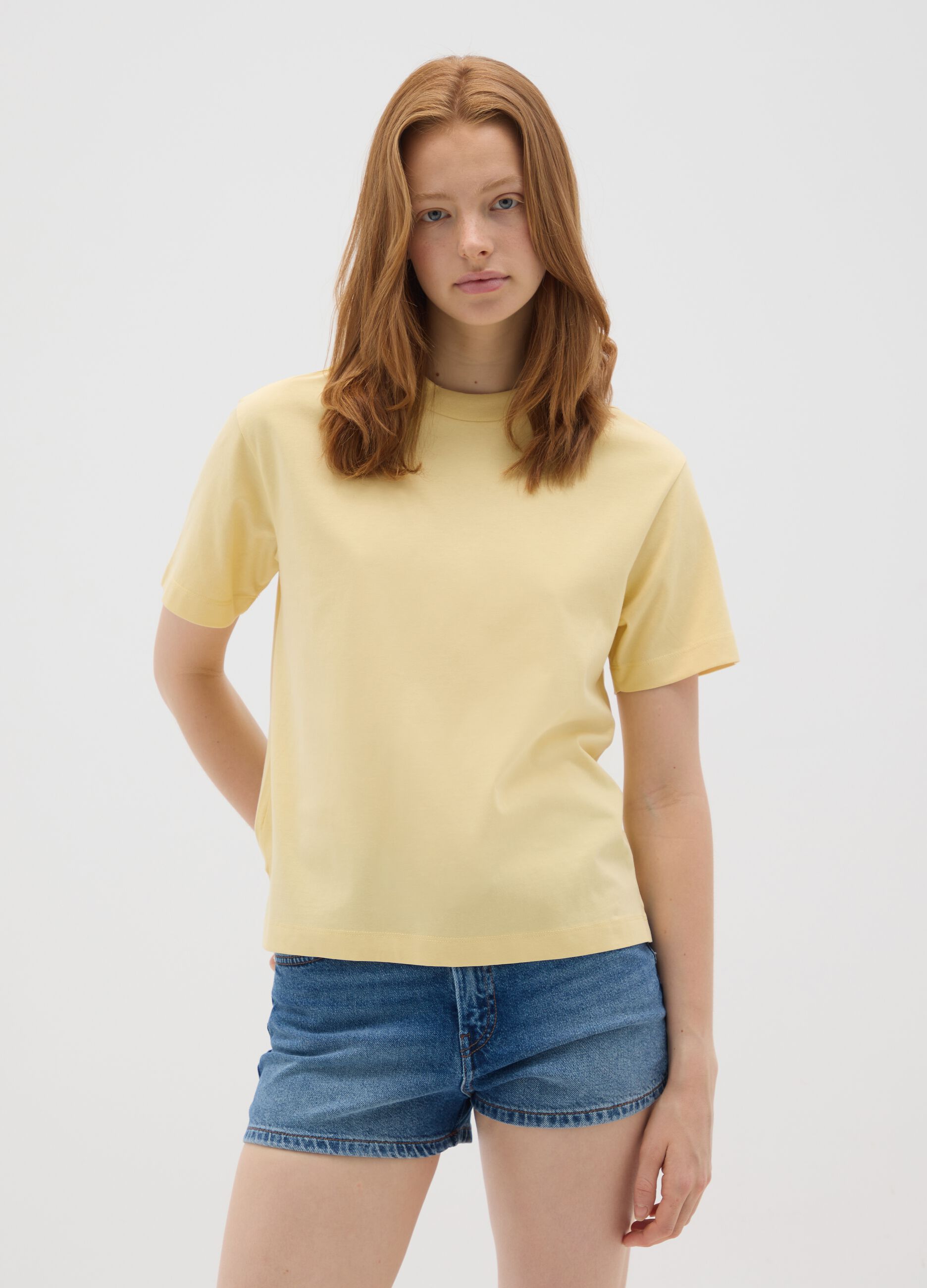 Yellow pure cotton women's T-shirt regular fit