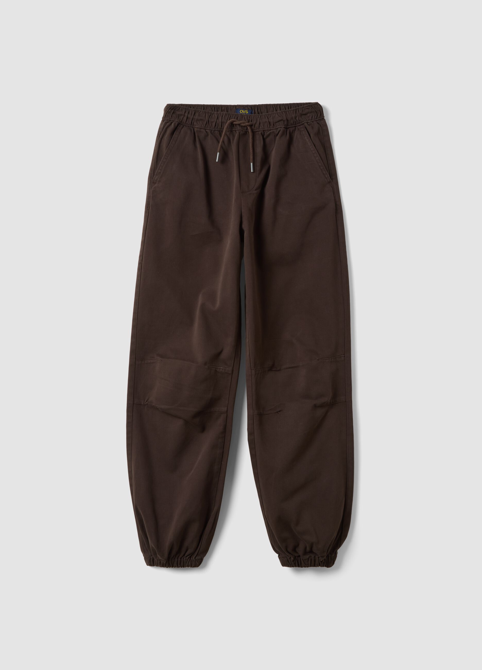 Brown stretch cotton joggers with elasticated cuffs, comfort fit