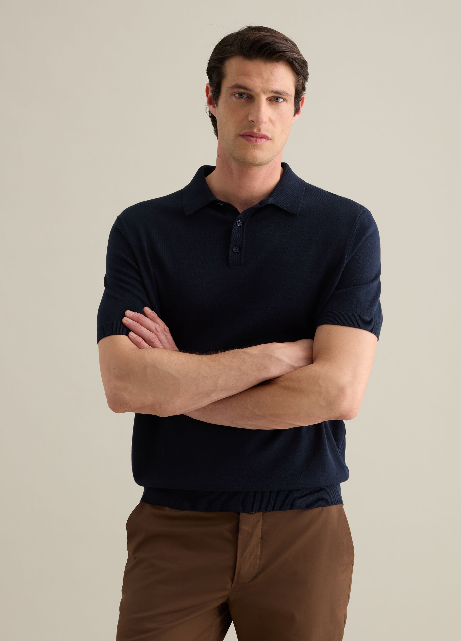 Polo da uomo in cotone e lino blu regular fit