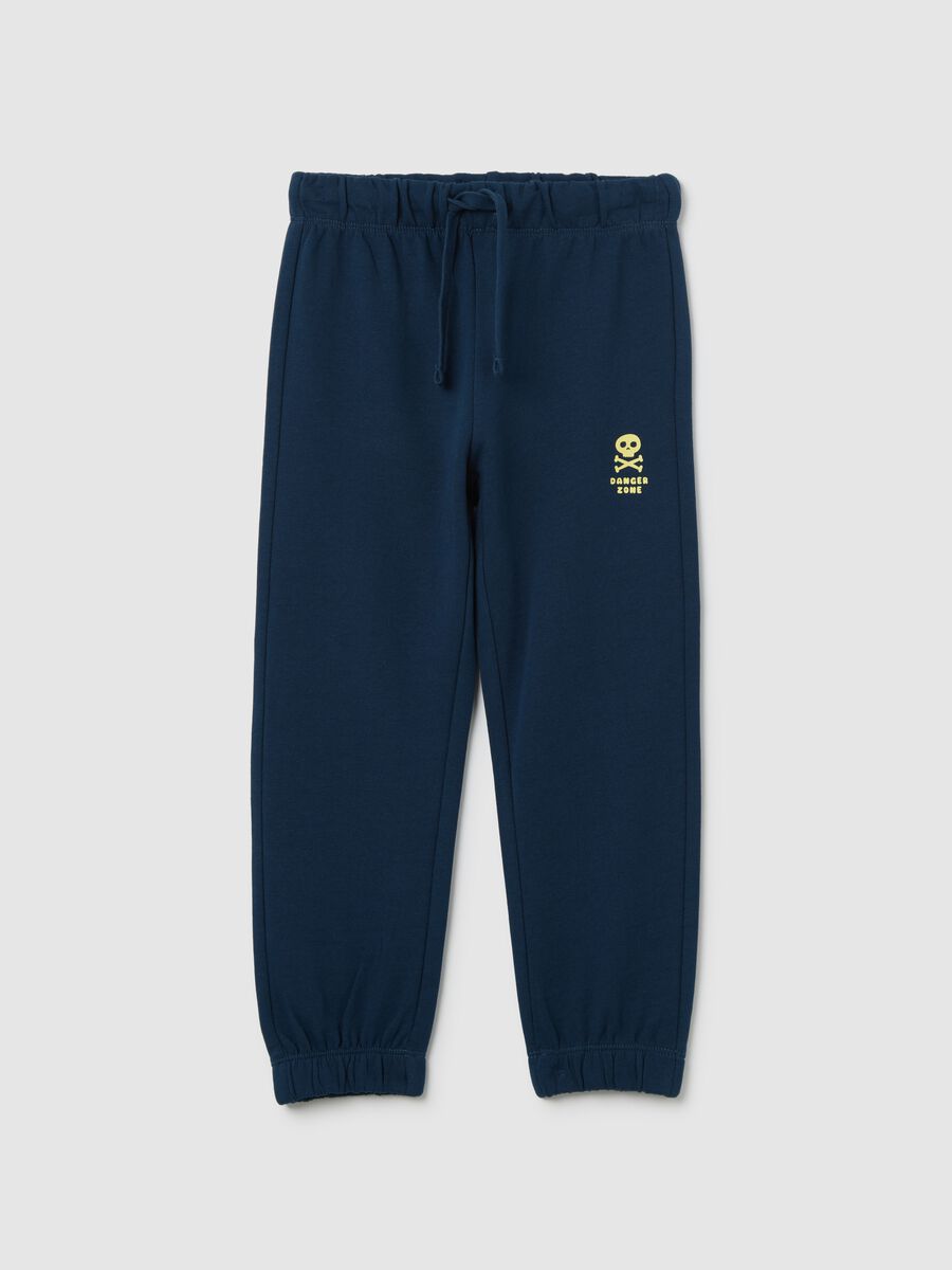 Joggers blu in cotone con coulisse e stampa_0