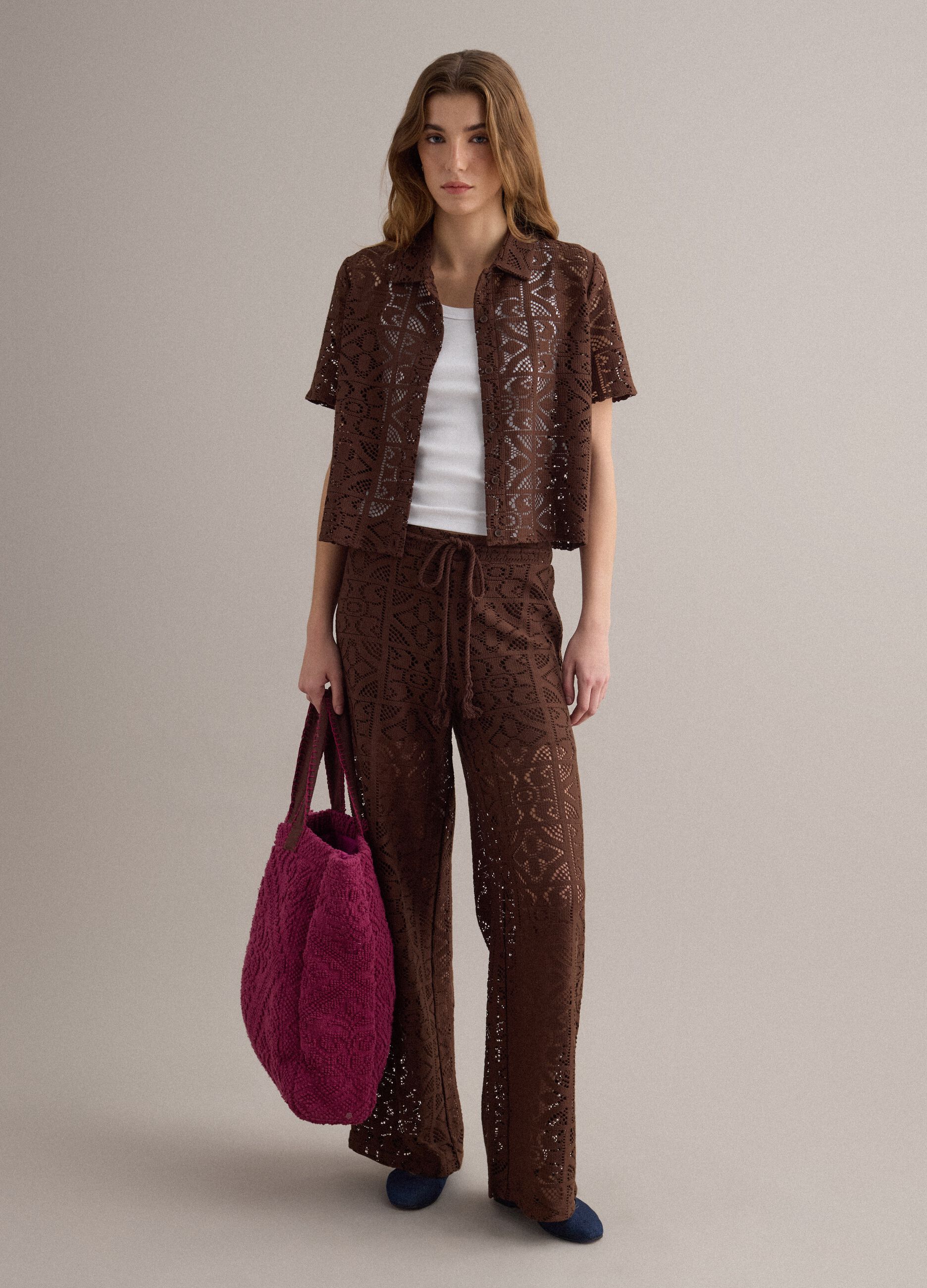 Brown openwork wide-leg trousers with elasticated waistband