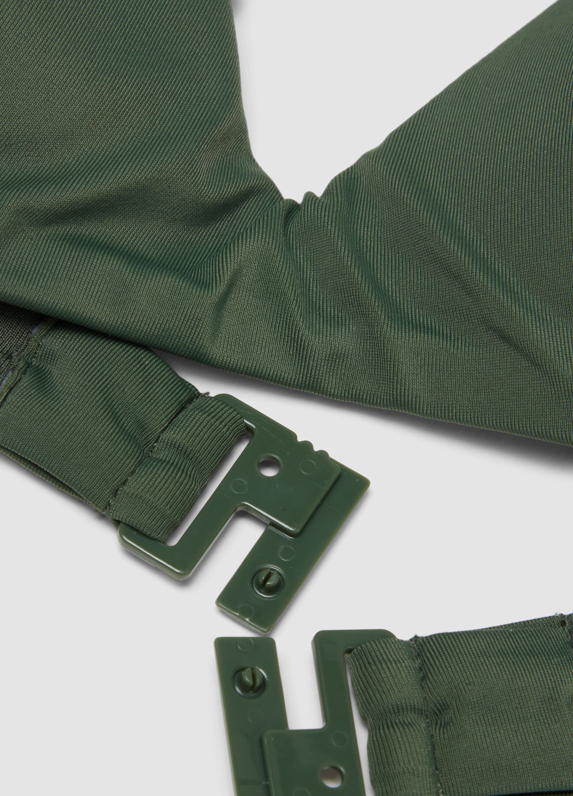 Green stretch-fabric bikini top with embellished straps