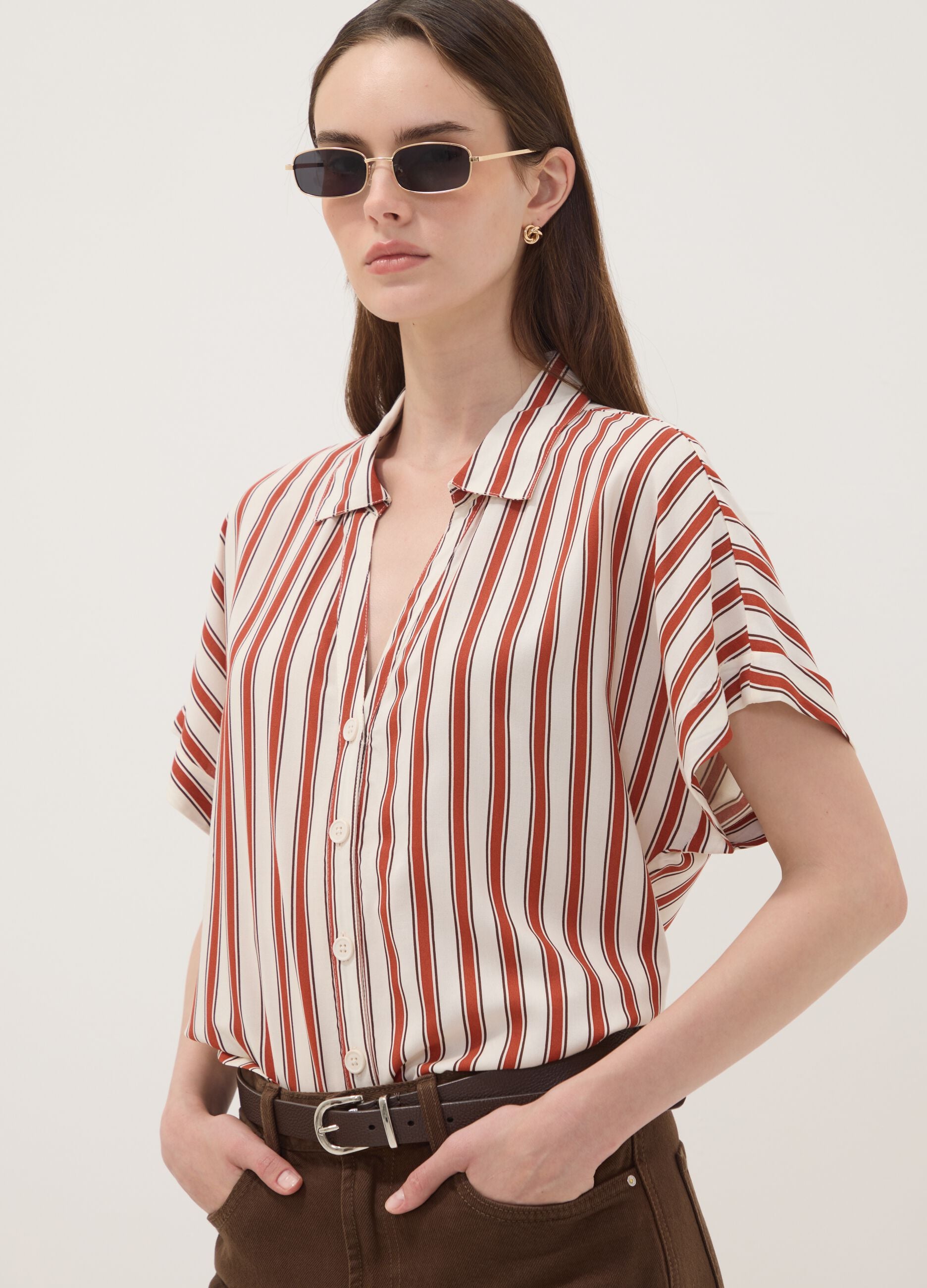 Multicolour striped pure viscose short-sleeve oversized shirt