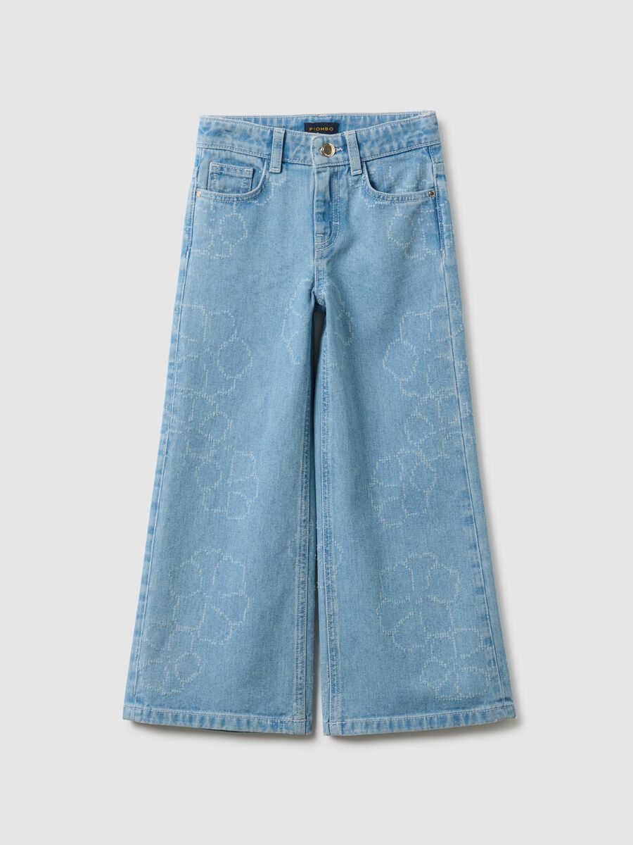 Girls' wide-leg light blue pure cotton jeans with floral print_3