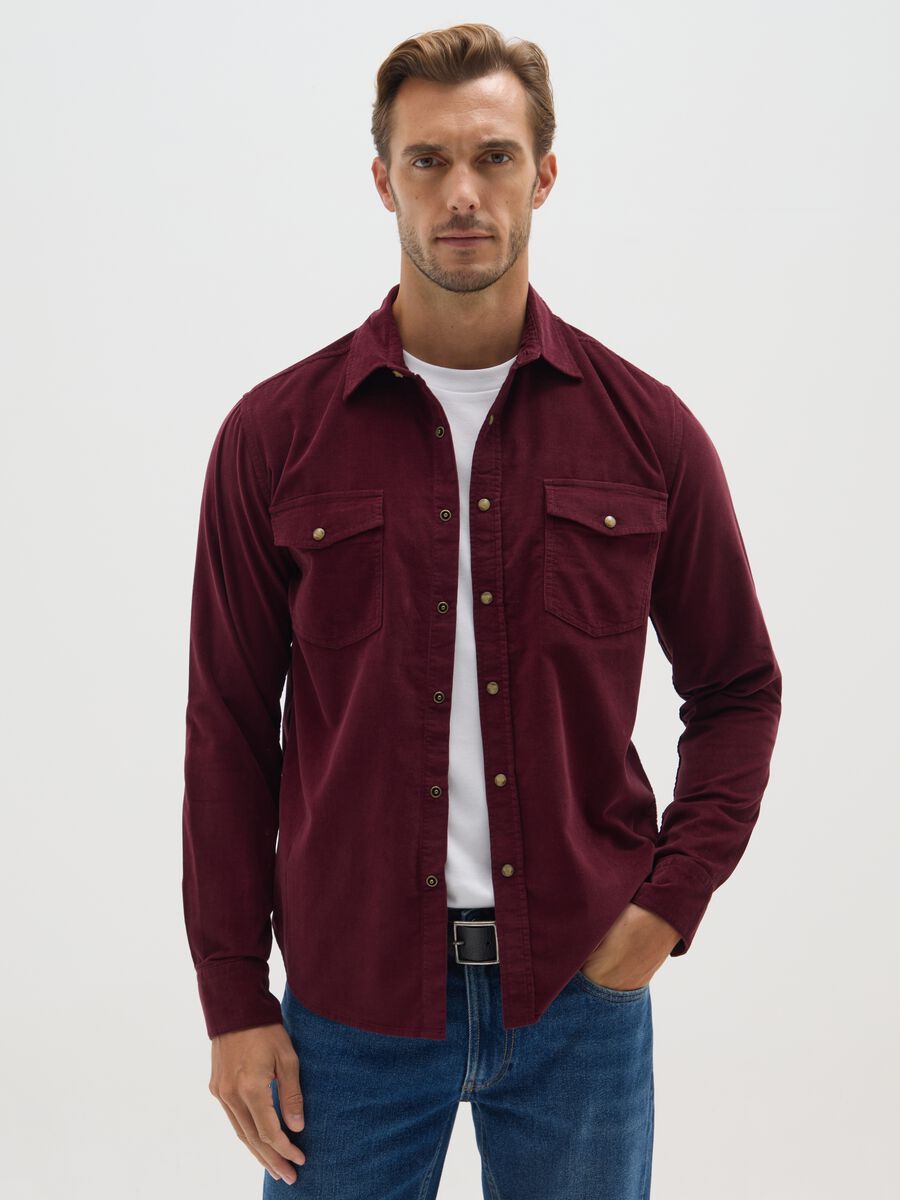 Red pure cotton corduroy regular fit shirt_0