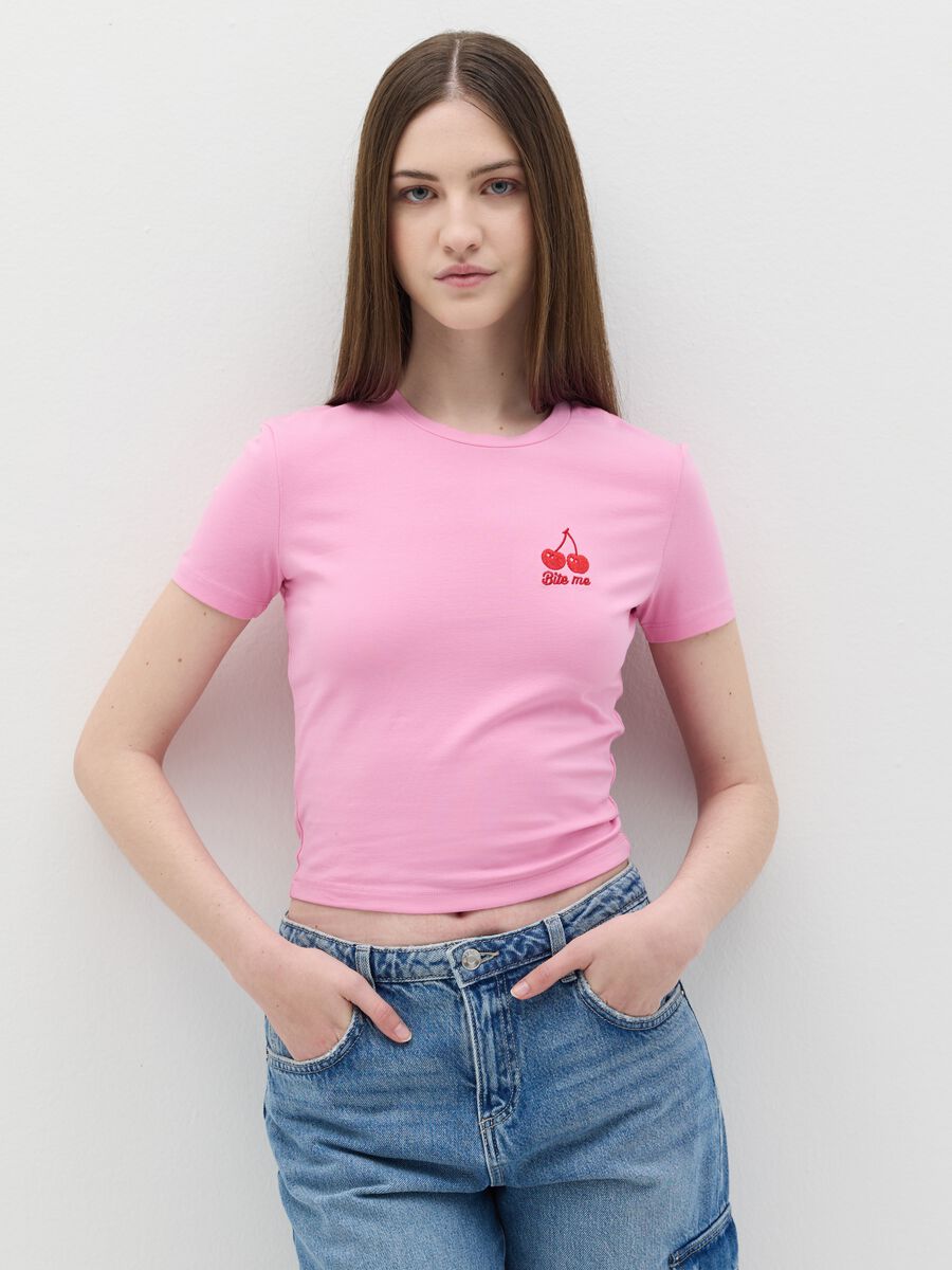 Stretch cotton T-shirt with embroidery_0