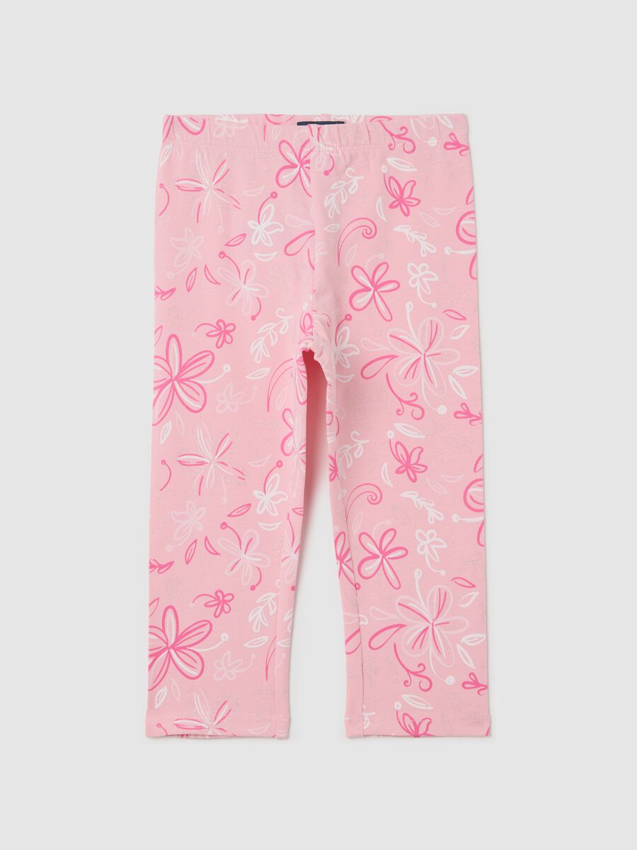 Pink three-quarter leggings in stretch cotton with print_0