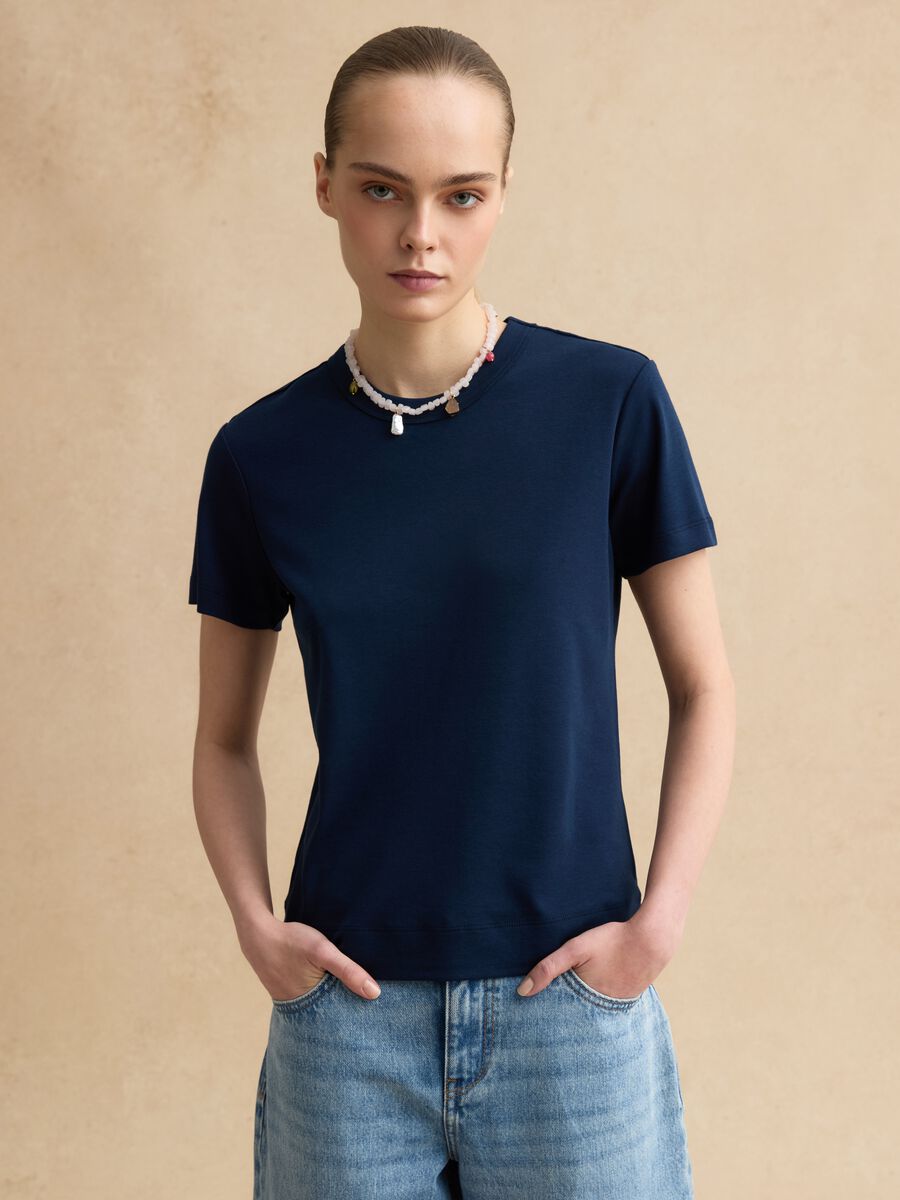 Regular fit blue cotton blend short sleeve t-shirt_1