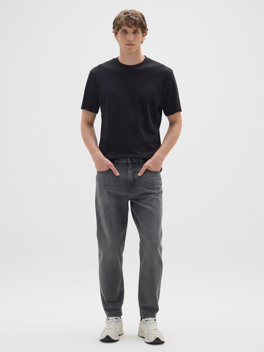 Grey pure cotton regular tapered jeans_0