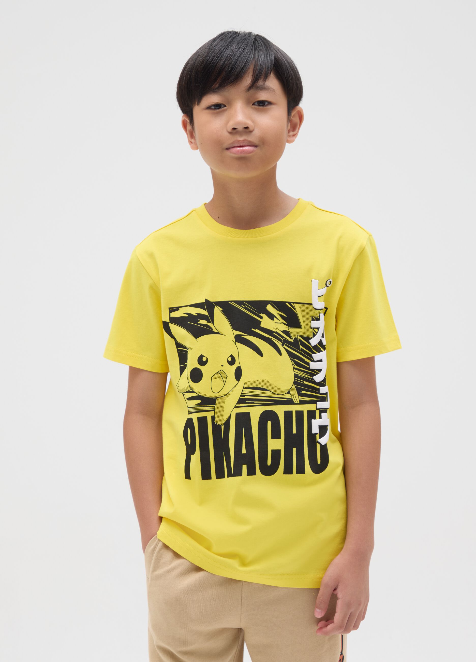 Yellow cotton T-shirt with Pikachu print