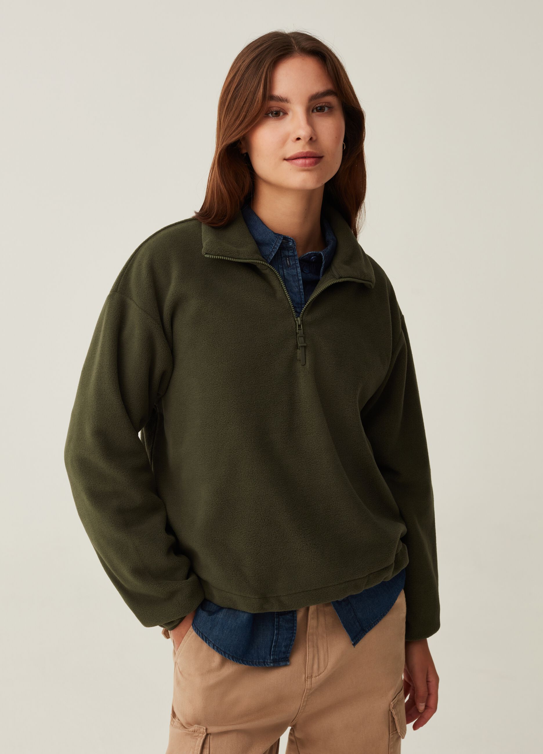 Felpa half-zip in pile Verde foglia da Donna