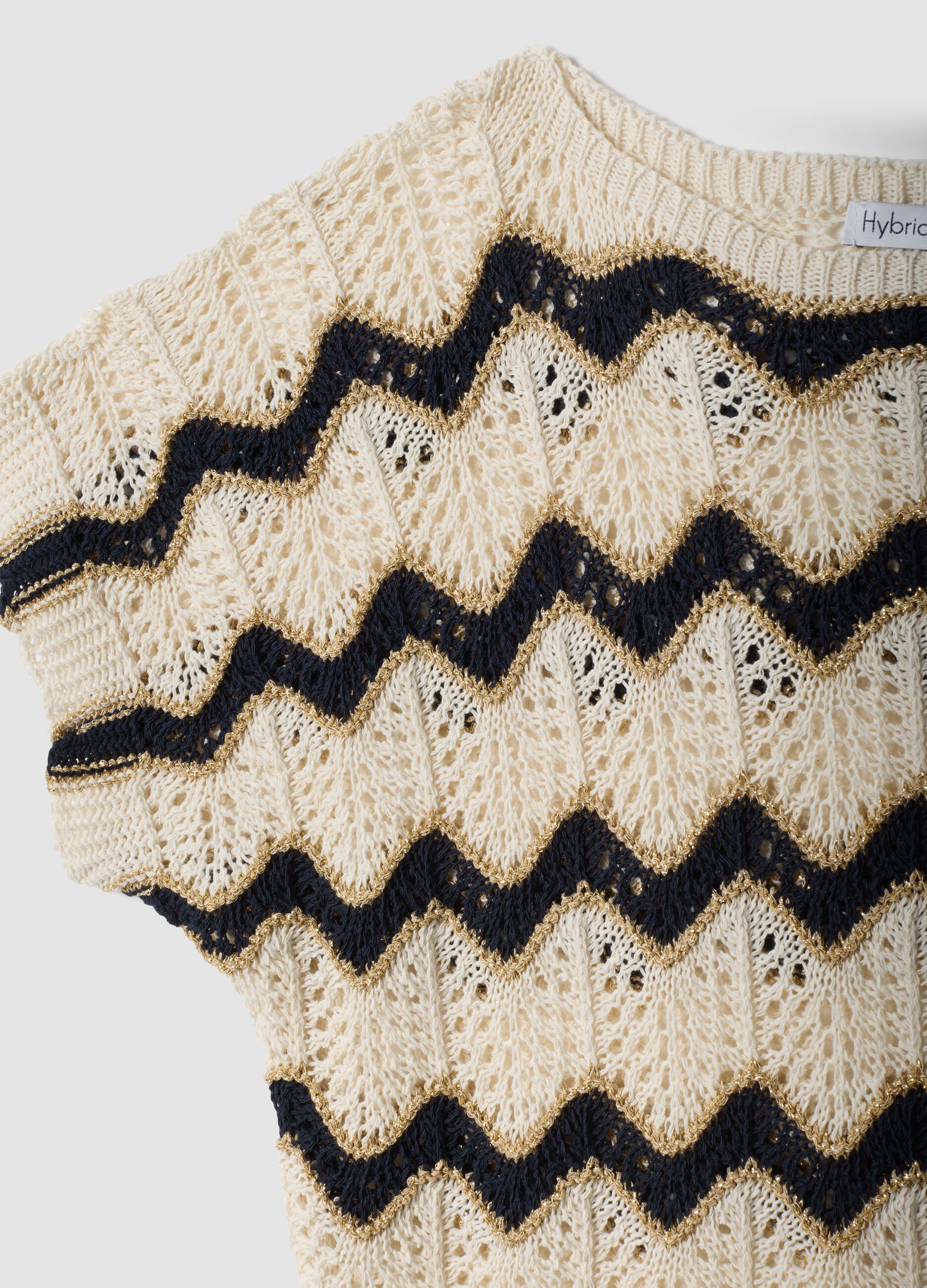 Beige stretch cotton T-shirt with openwork detailing