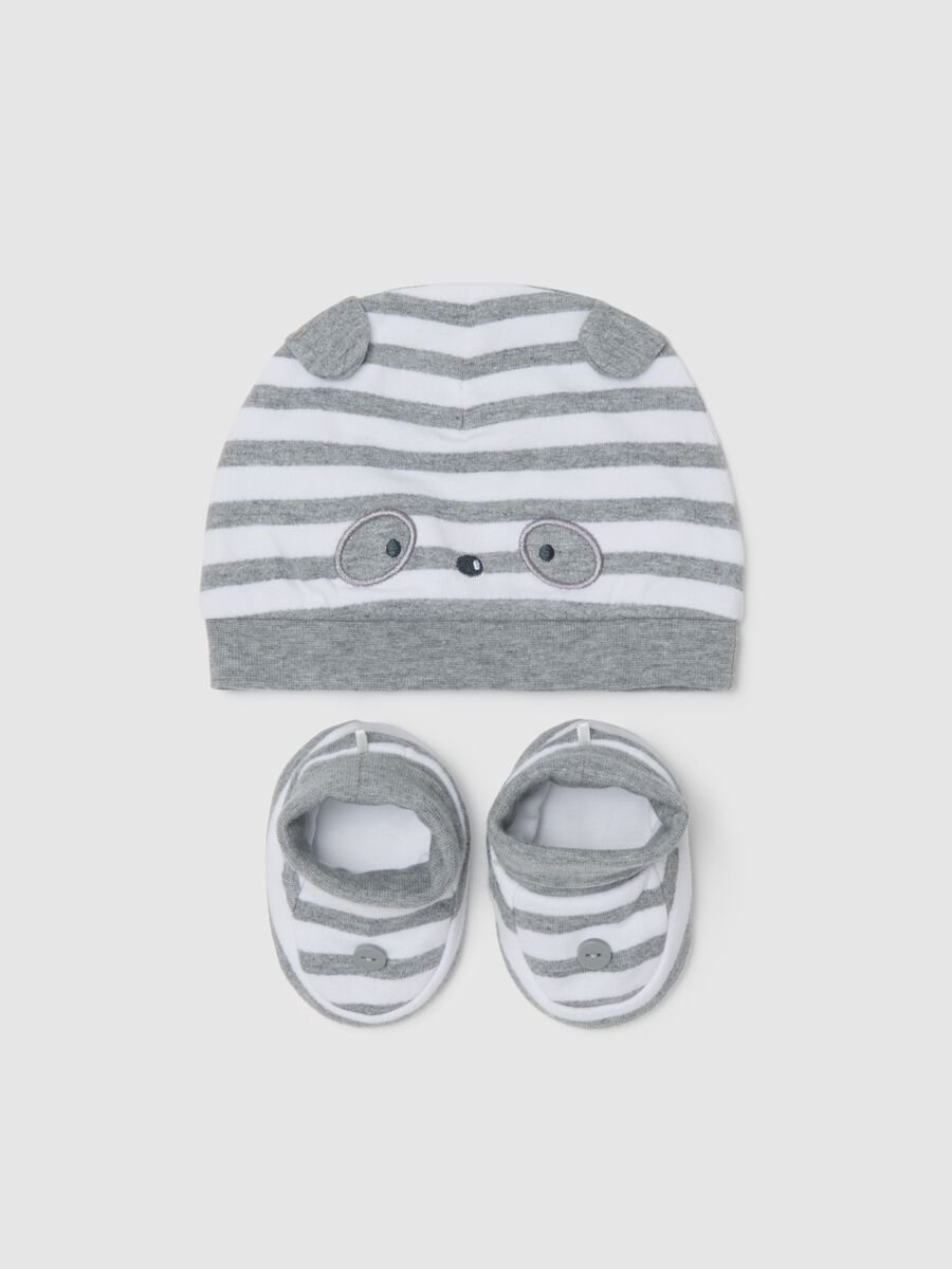 Multicolour Cotton Blend Baby Hat and Booties Set_0