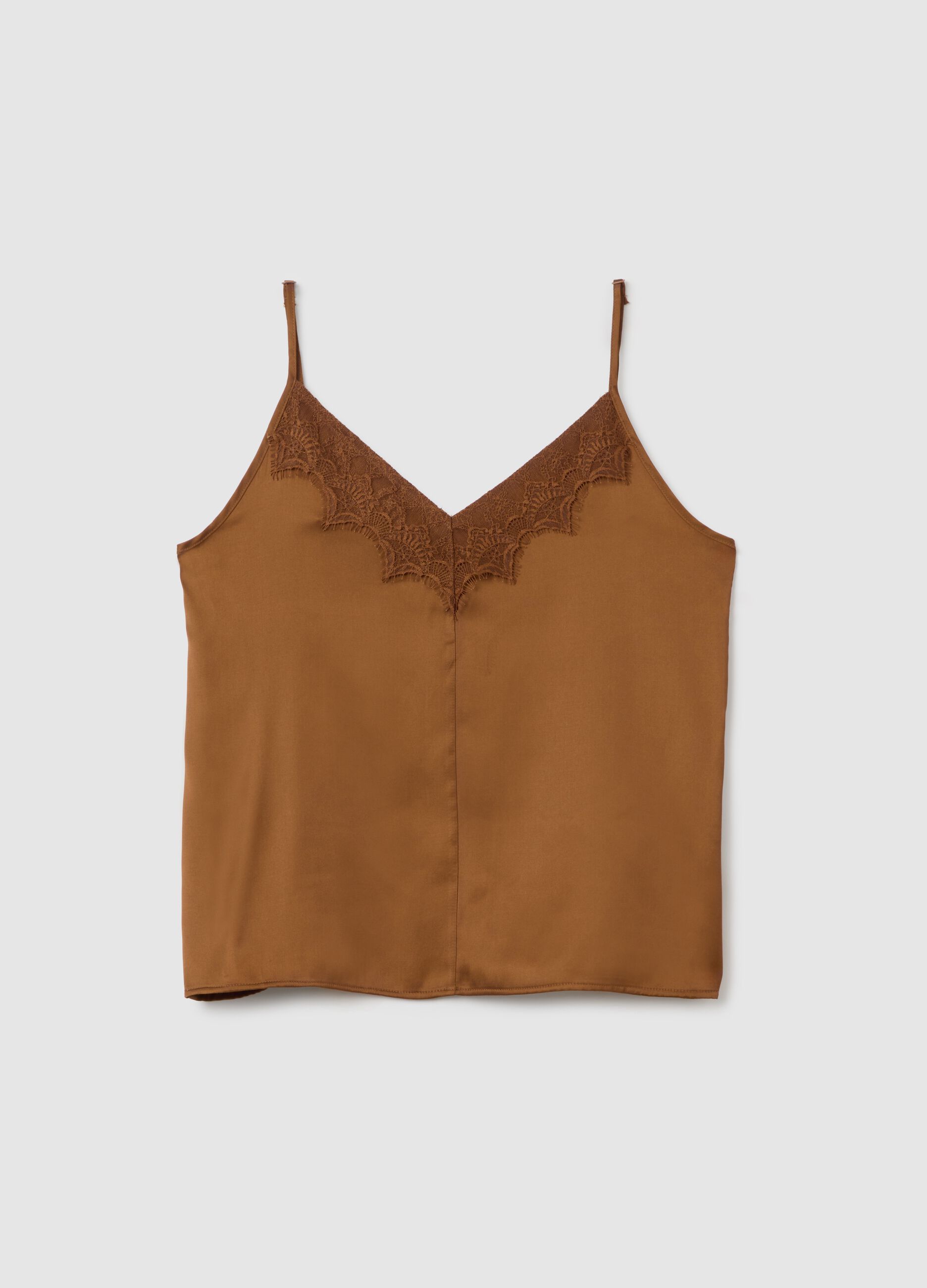 Brown satin blend women's slim fit top with lace