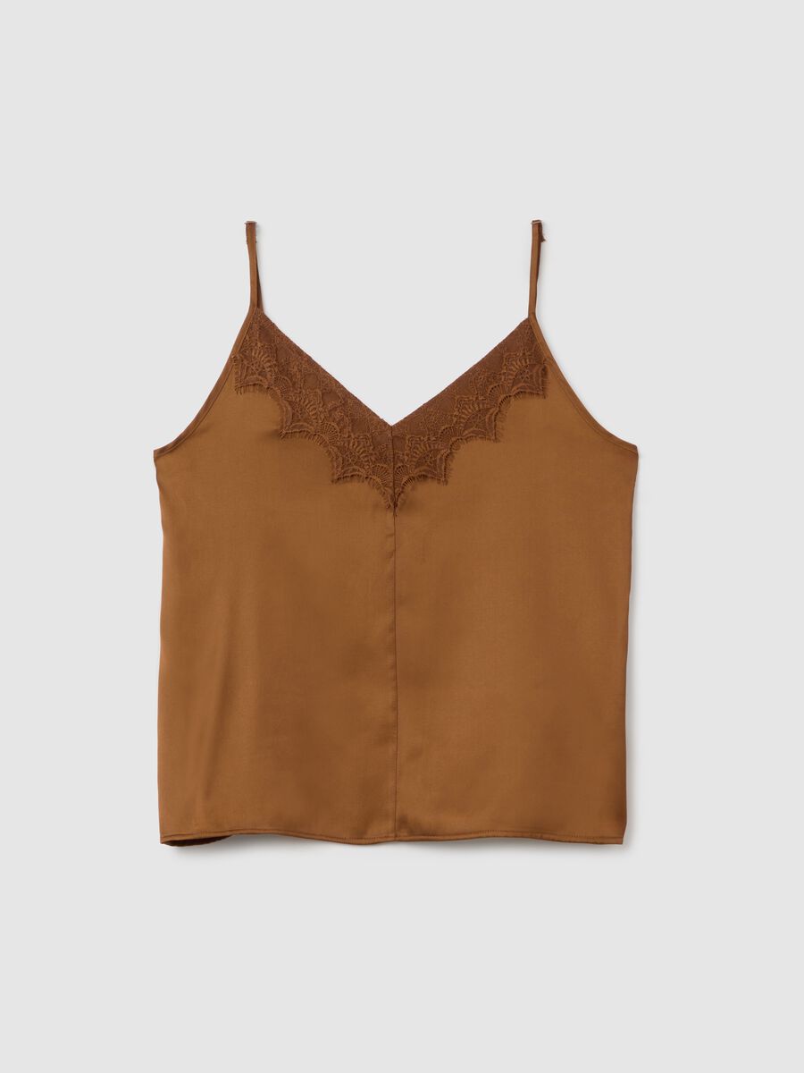 Brown satin blend women's slim fit top with lace_4