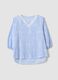 Blue cotton-blend top with embroidery and V-neck_0