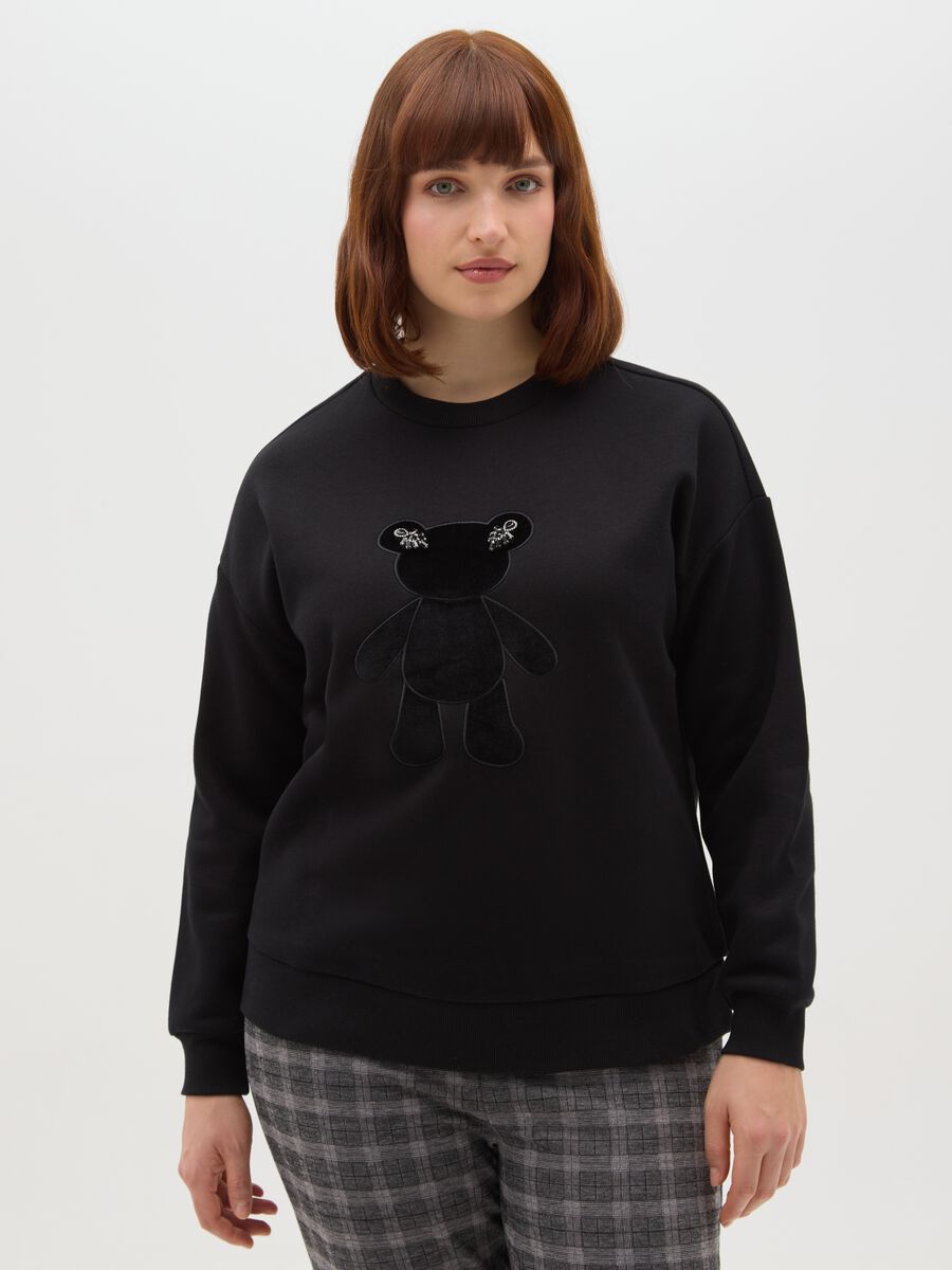 Black cotton blend regular fit sweatshirt with embroidered teddy bear_0