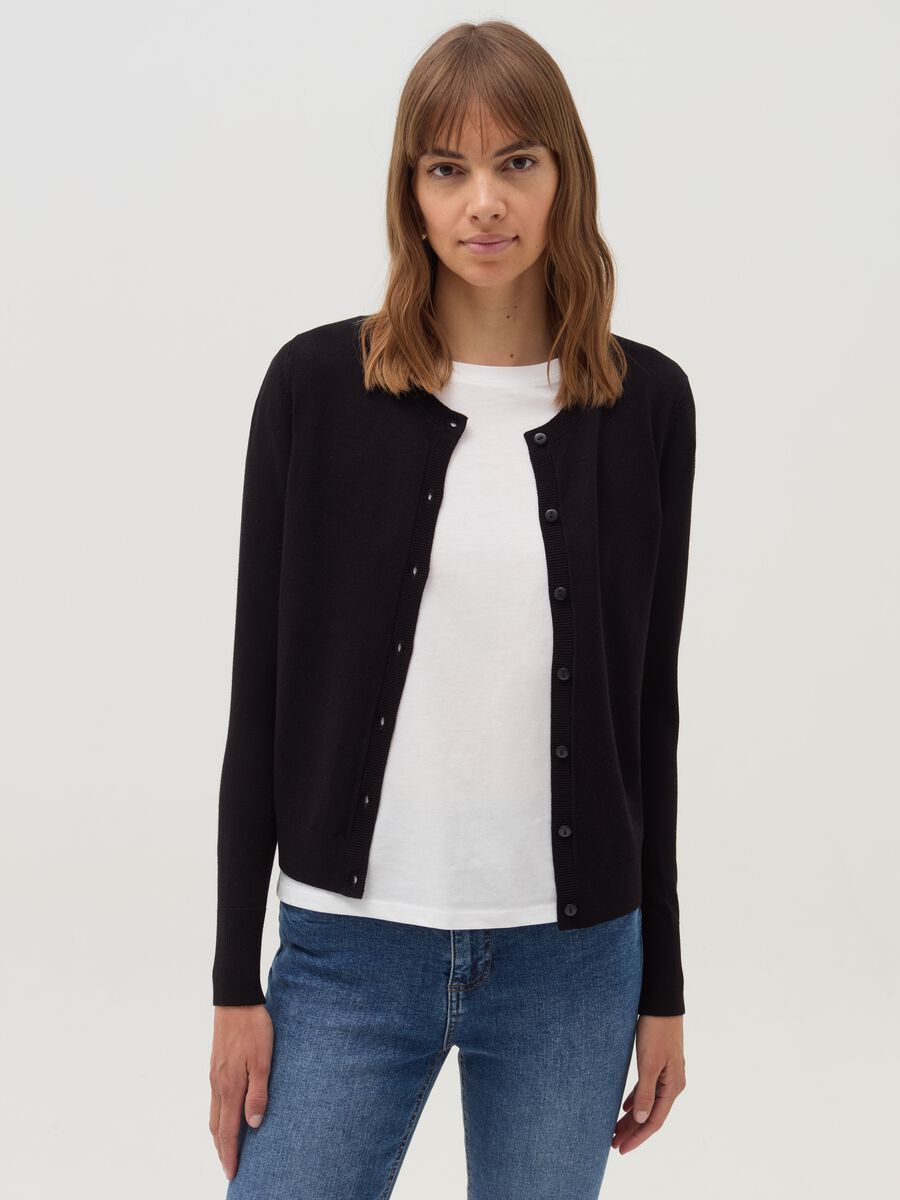 Solid colour cardigan with round neck_0