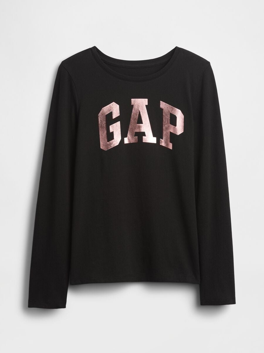 T-shirt nera a maniche lunghe in puro cotone con logo GAP_2