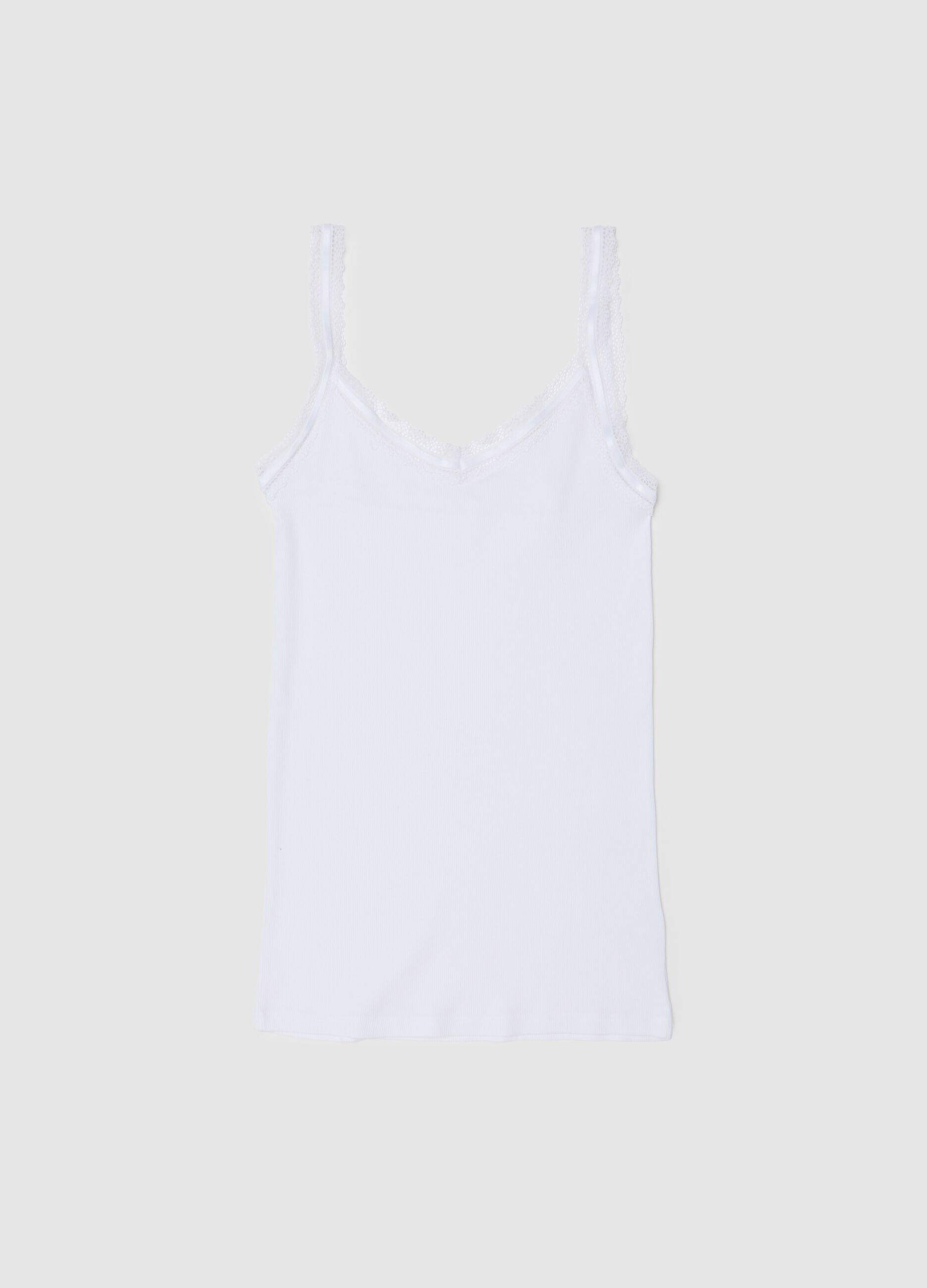 White pure cotton regular fit vest with lace trim