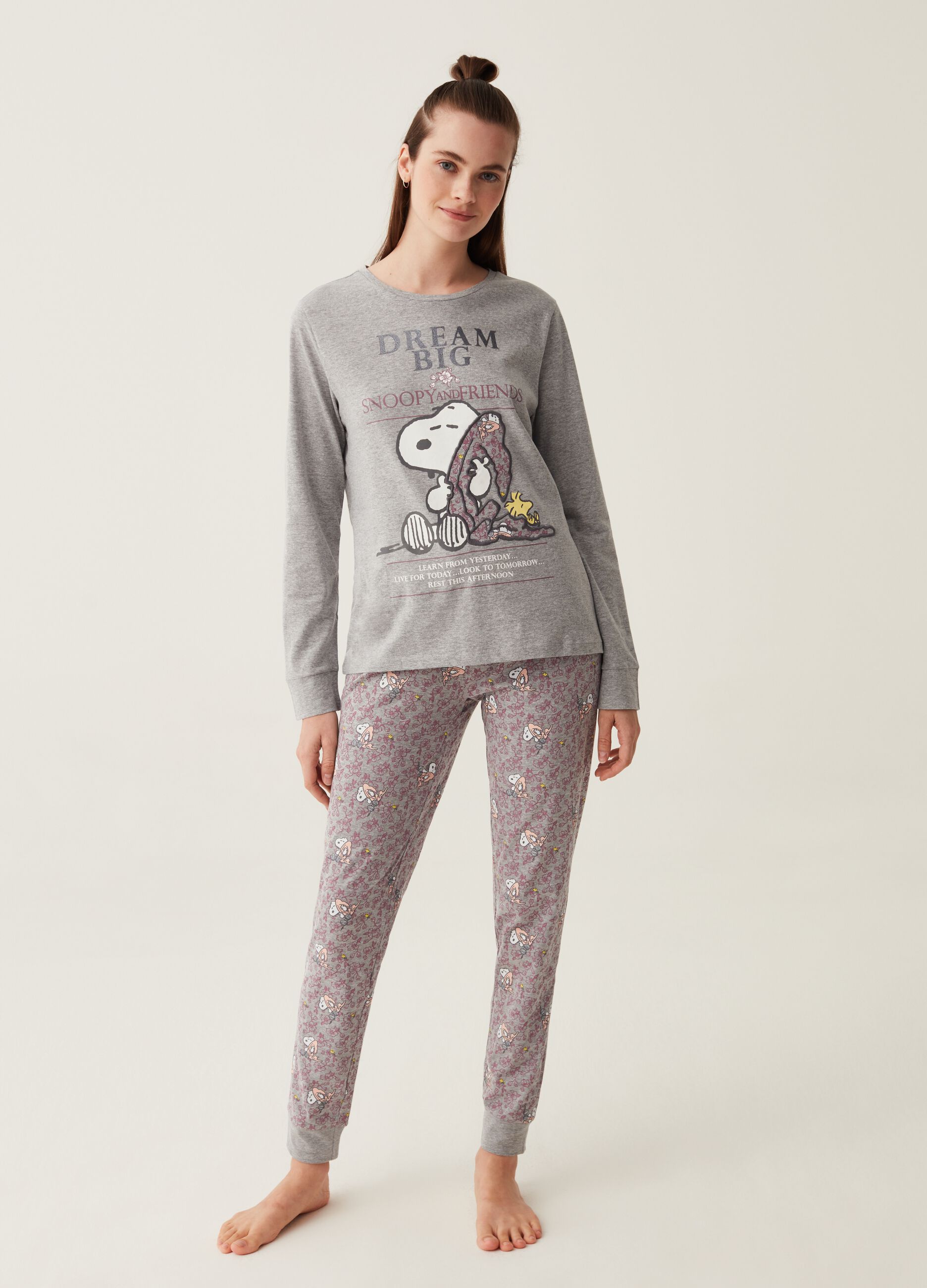 Pigiama lungo in cotone con stampa Snoopy Grigio melange da Donna