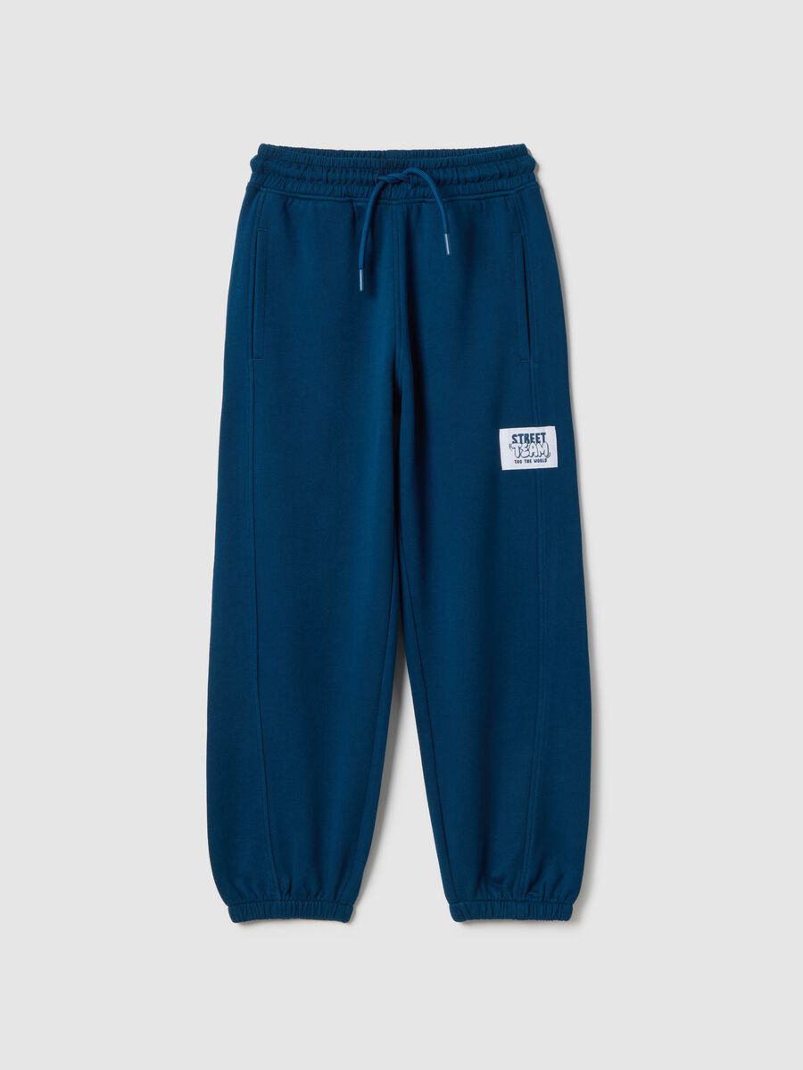 Boy's blue pure cotton regular fit jogger trousers with patch_0