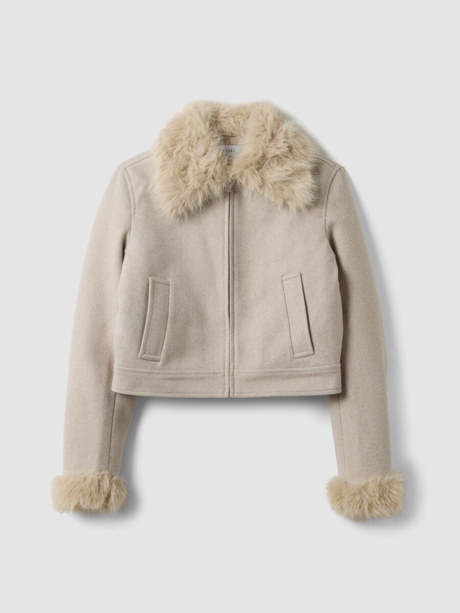 Giacca beige con zip e collo in pelliccia_0