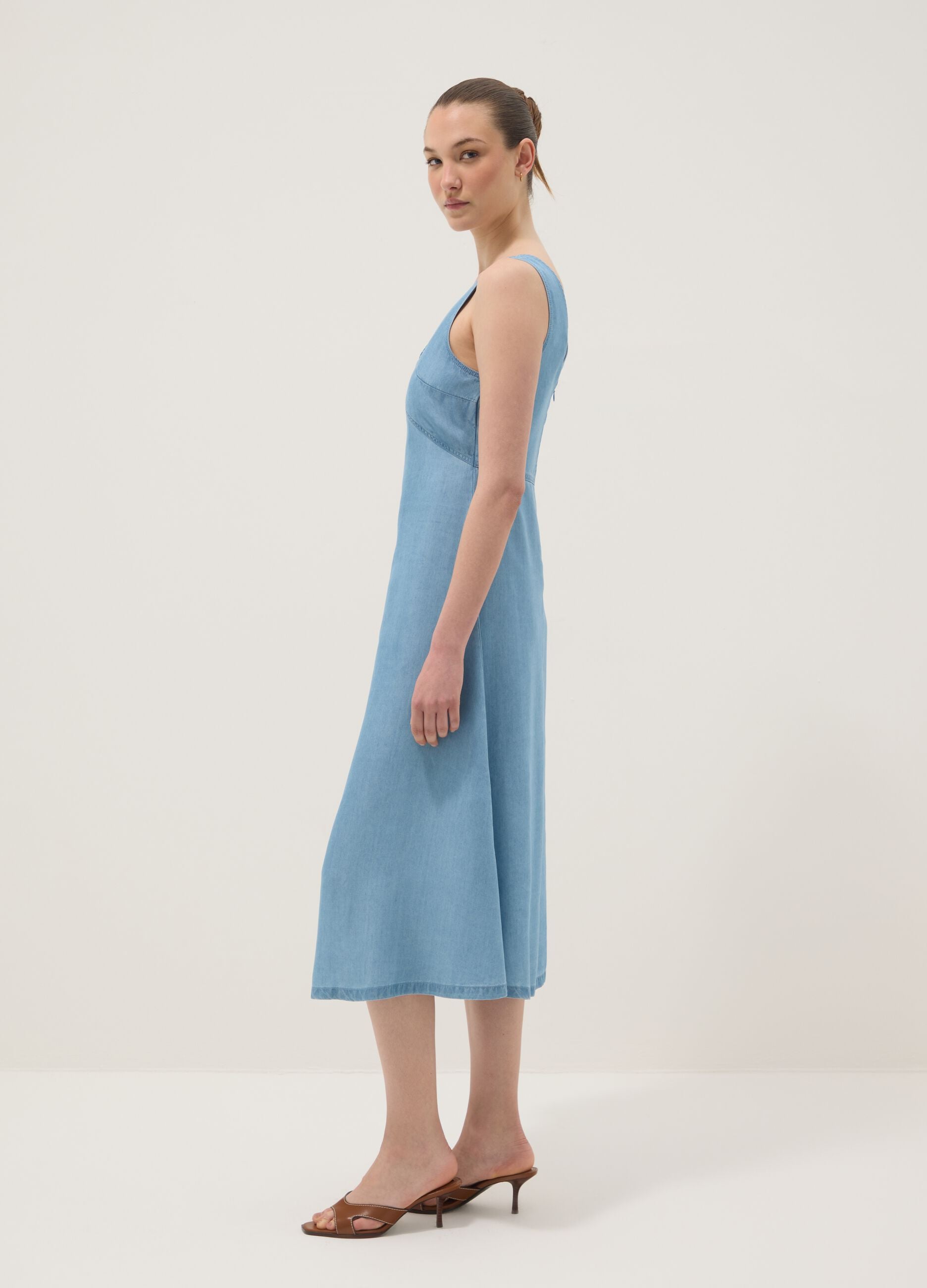 Light Blue Denim Midi Dress in 100% Lyocell, Sleeveless