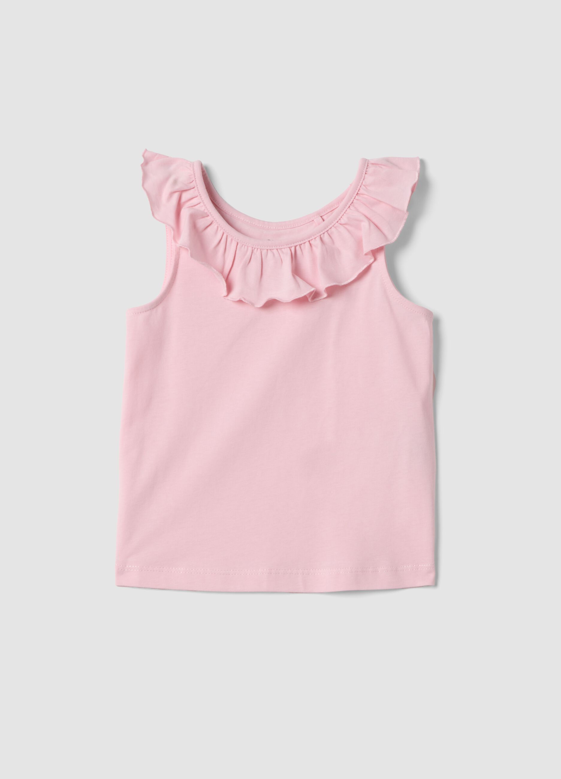 Pink pure cotton regular-fit girls&rsquo; tank top with frills