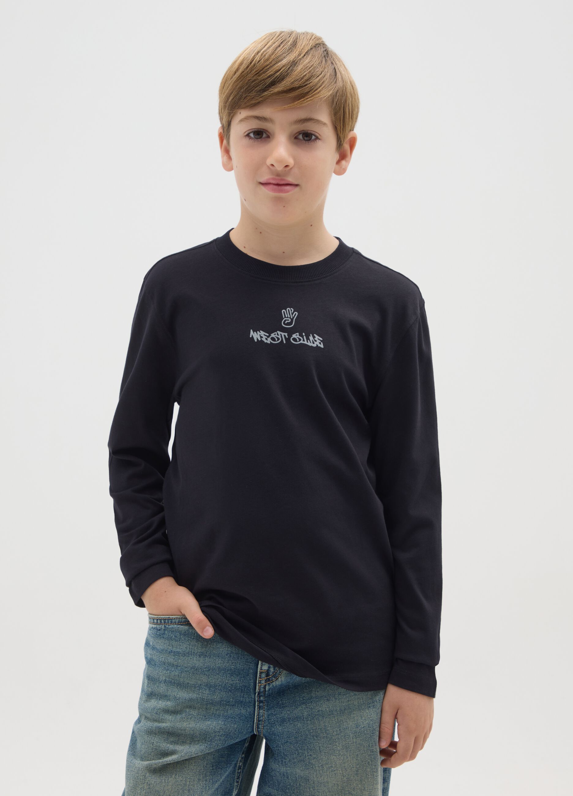 Boys' long sleeve black cotton t-shirt