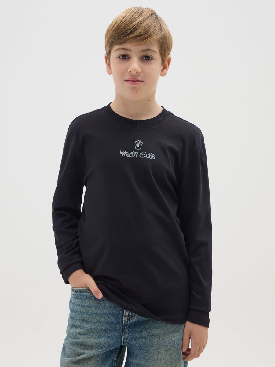 T-shirt a maniche lunghe da ragazzo in puro cotone nero _0