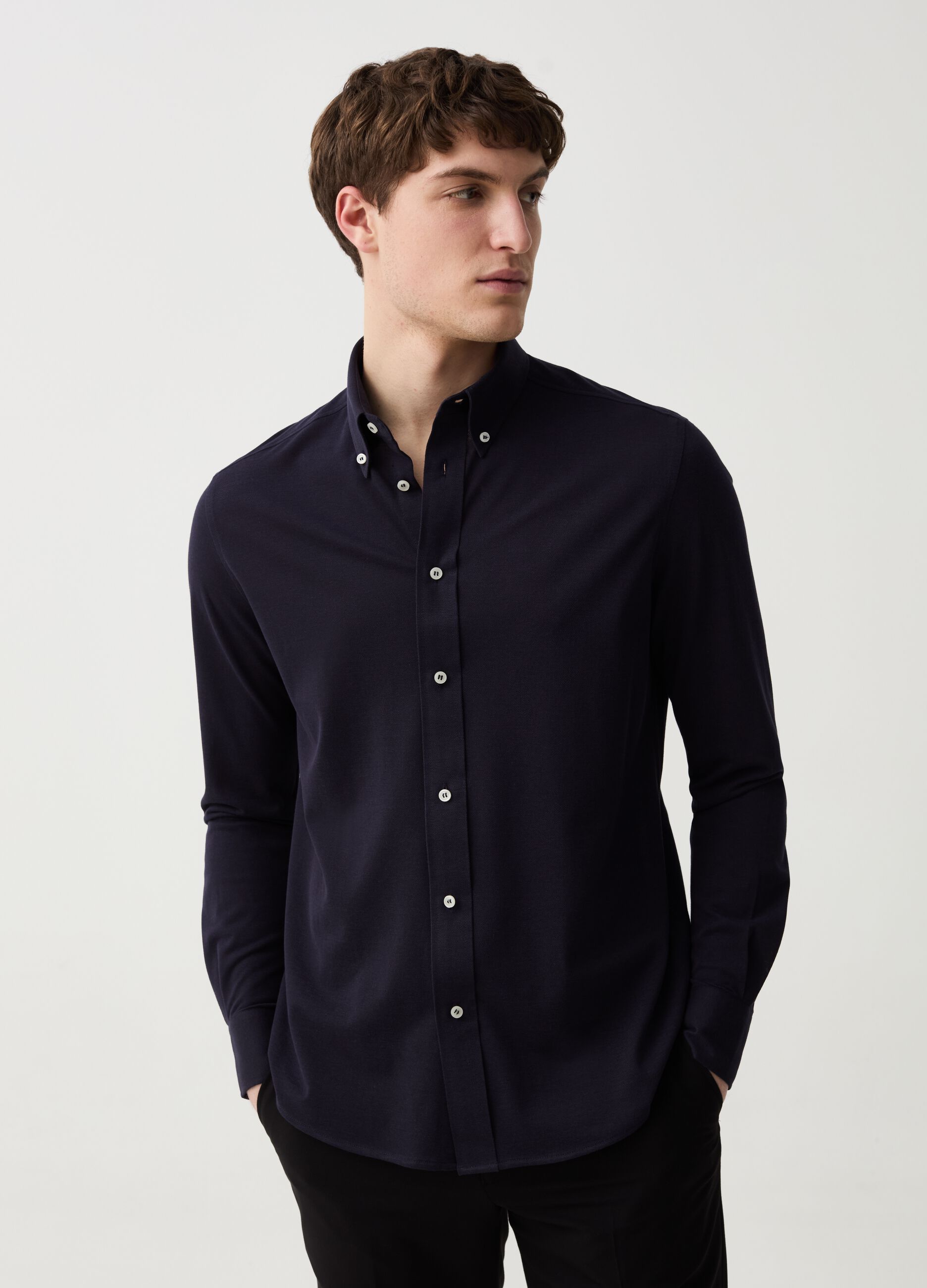 Regular-fit button-down knit shirt