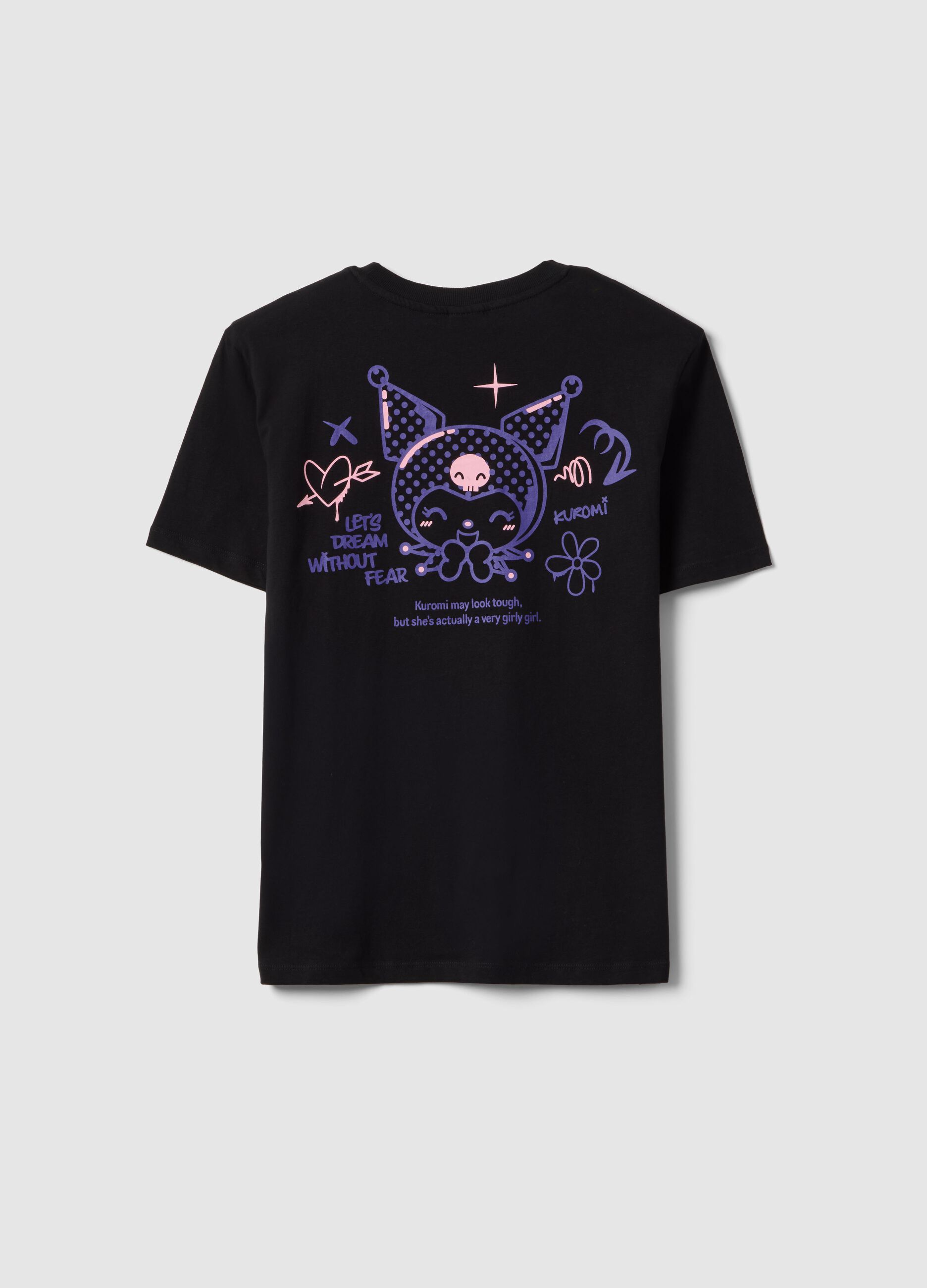Girls' regular fit black pure cotton T-shirt with Kuromi