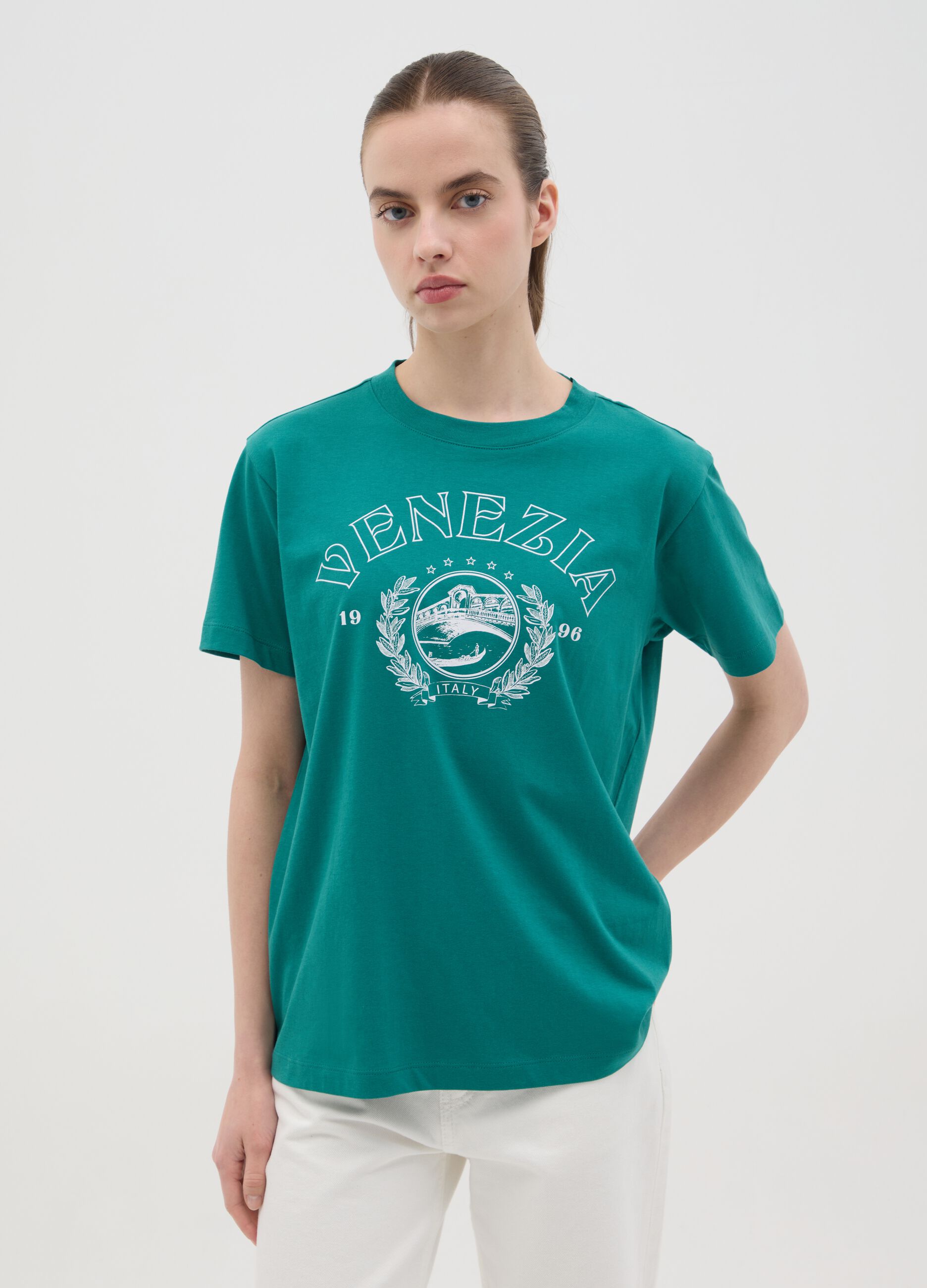 Green cotton T-shirt with "Venezia" print