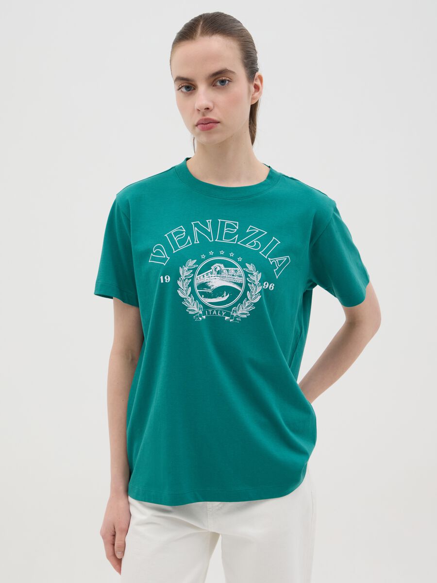 Green cotton T-shirt with "Venezia" print_0