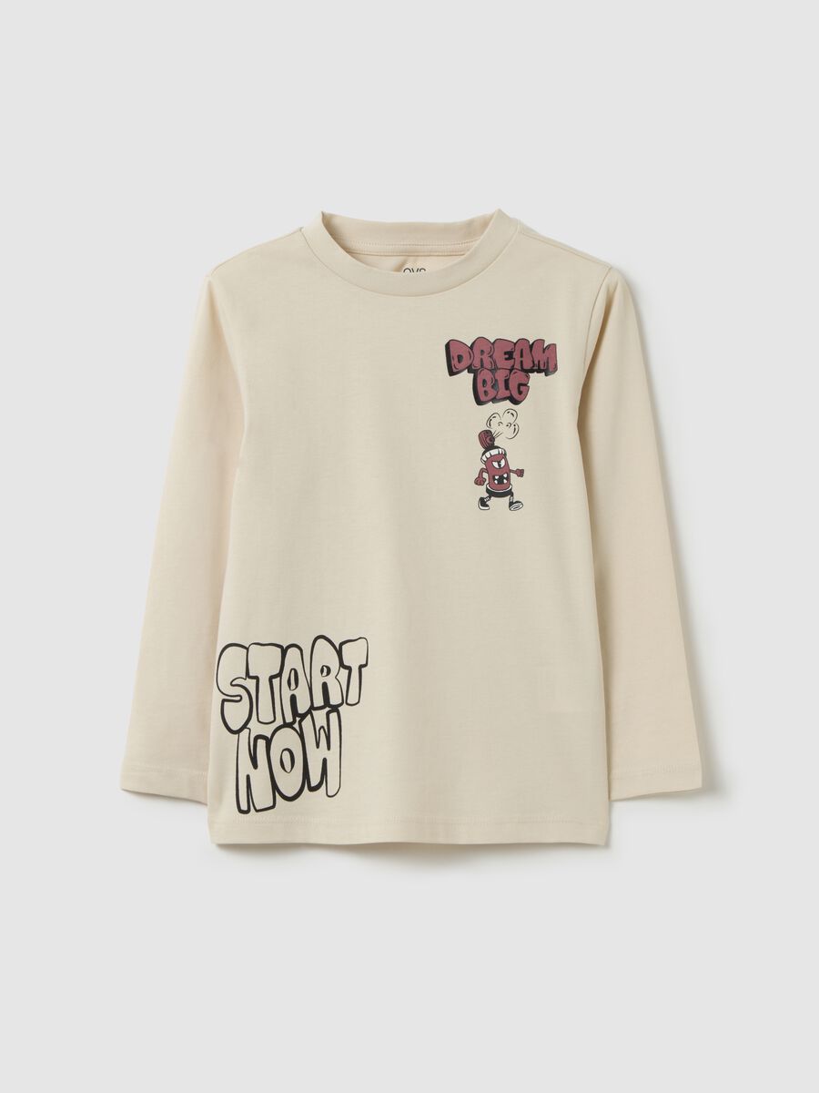 Children's beige pure cotton T-shirt with print_0