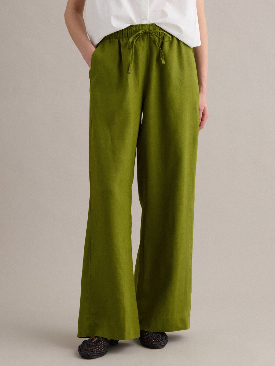 Green pure linen drawstring trousers, straight fit_1