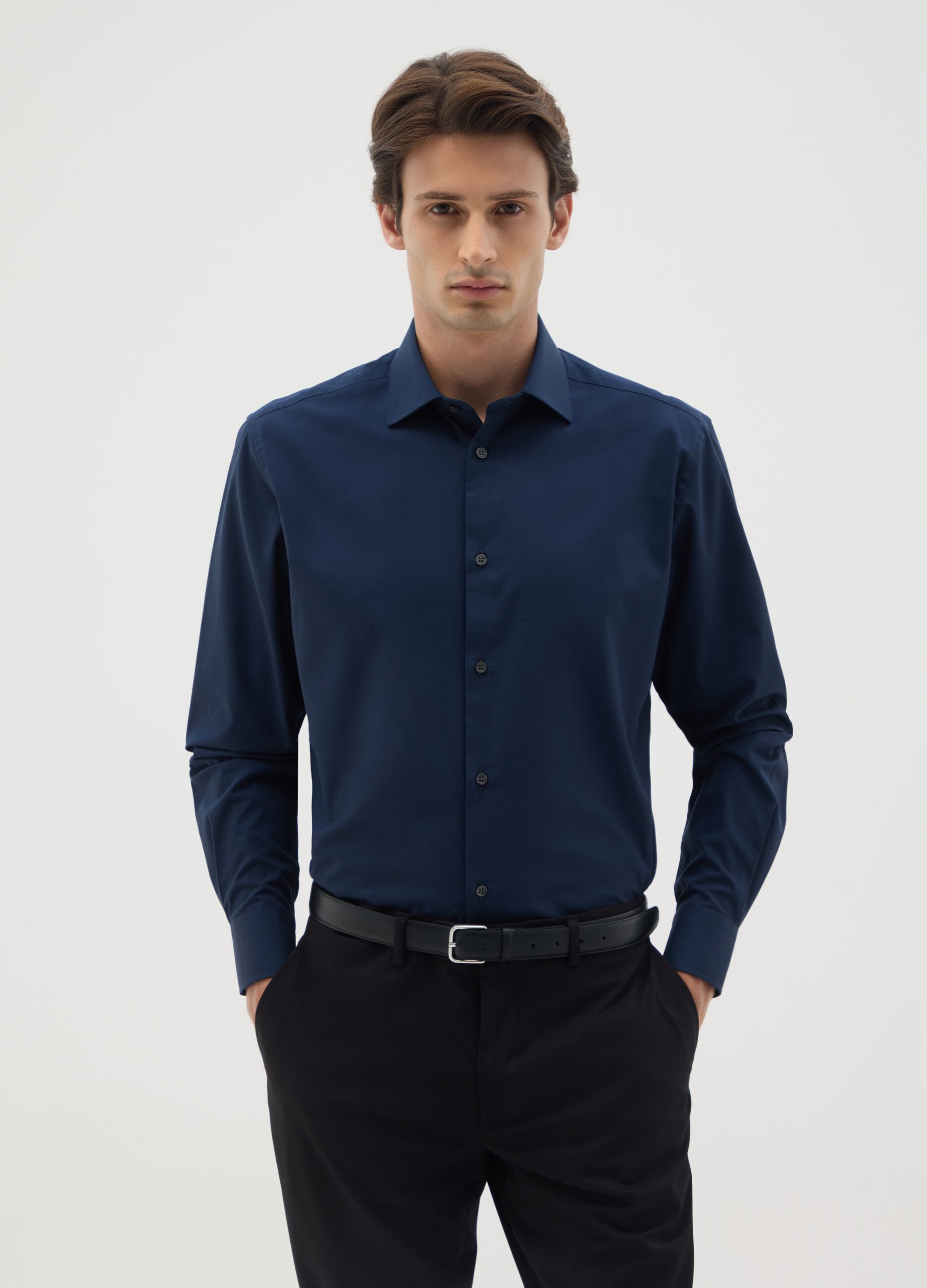 Men's blue pure cotton shirt, regular fit, easy iron