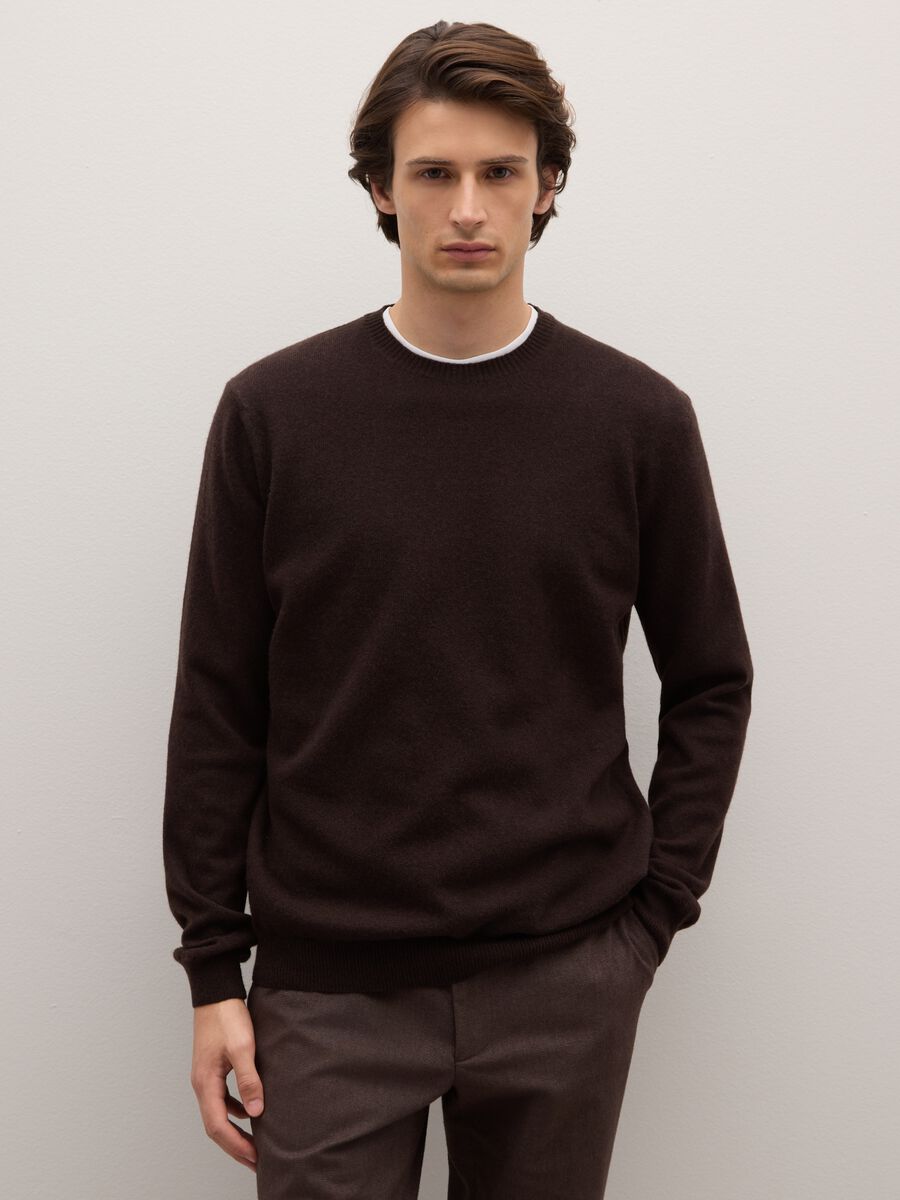 Brown crew neck pullover in pure lambswool regular fit_1