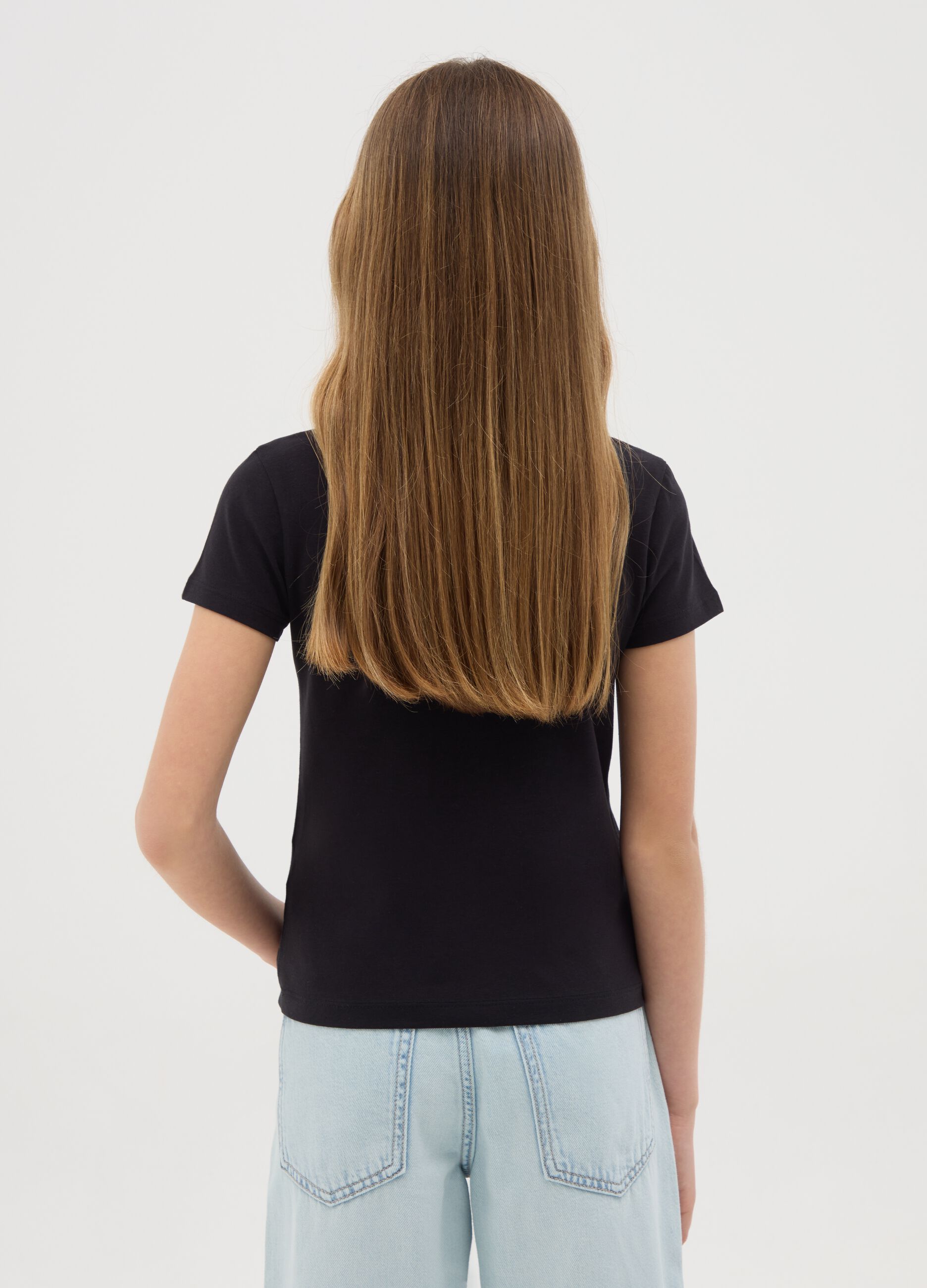 Black stretch cotton T-shirt with print