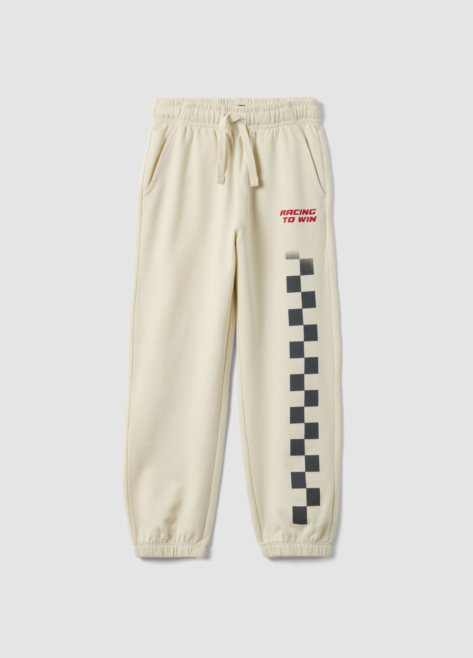 White pure cotton joggers with check print, comfort fit