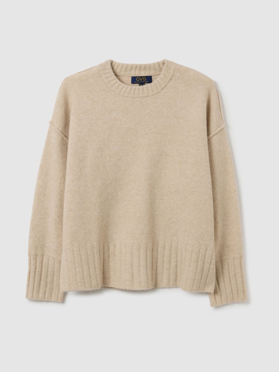 Beige stretch fabric oversized fit pullover with crew neck_4