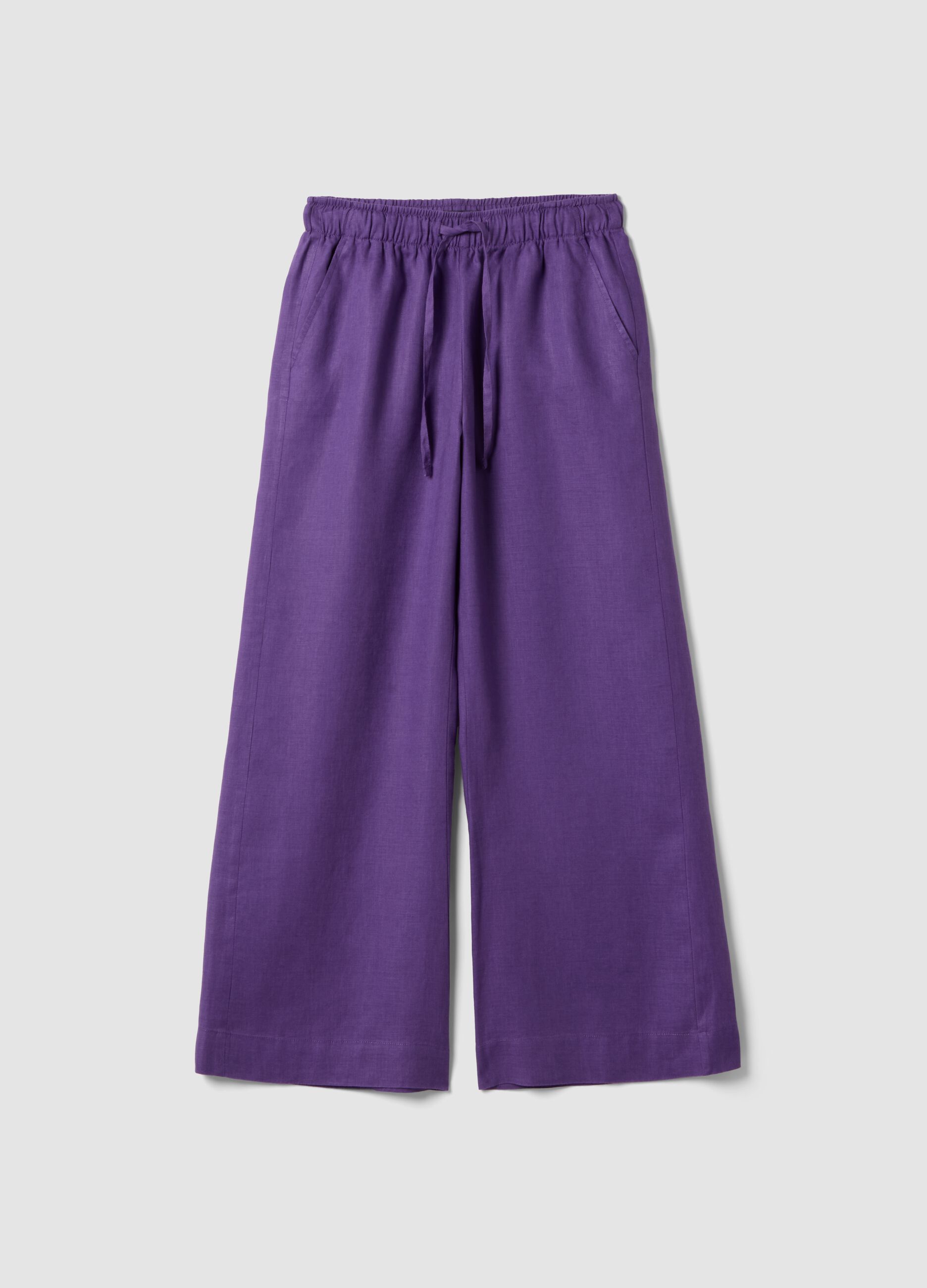 Purple pure linen straight-fit drawstring trousers
