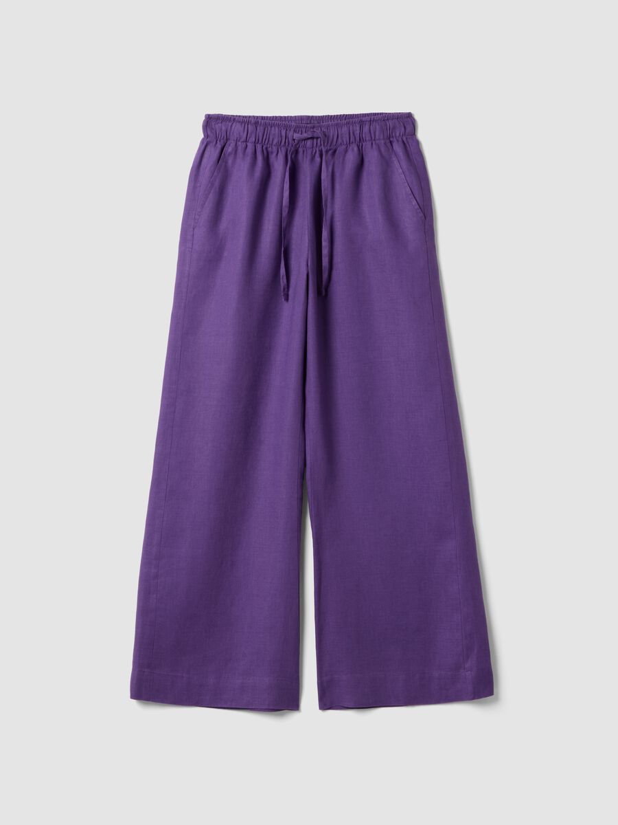 Pantaloni viola in puro lino con coulisse straight fit_0