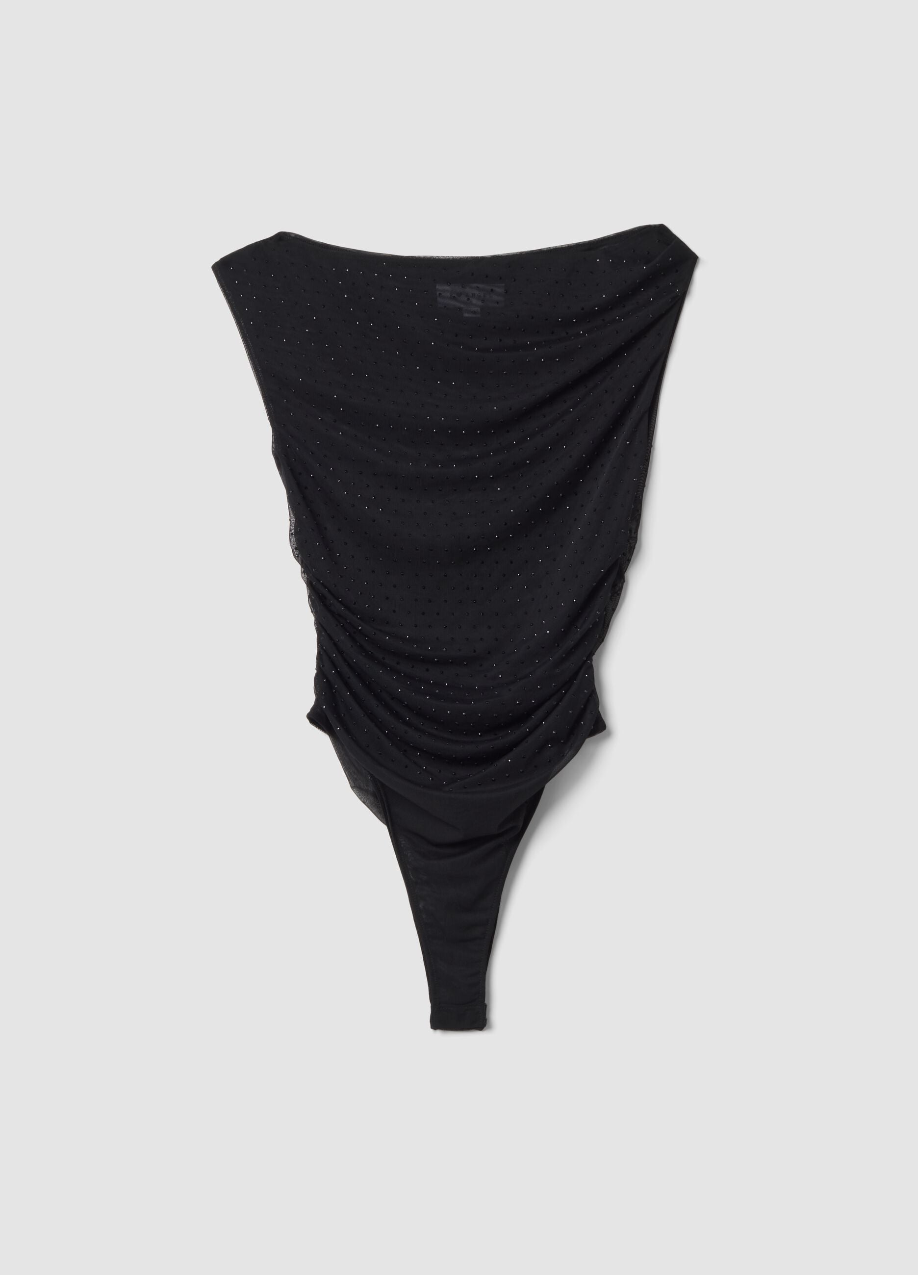 Black stretch-fabric bodysuit with boat neckline