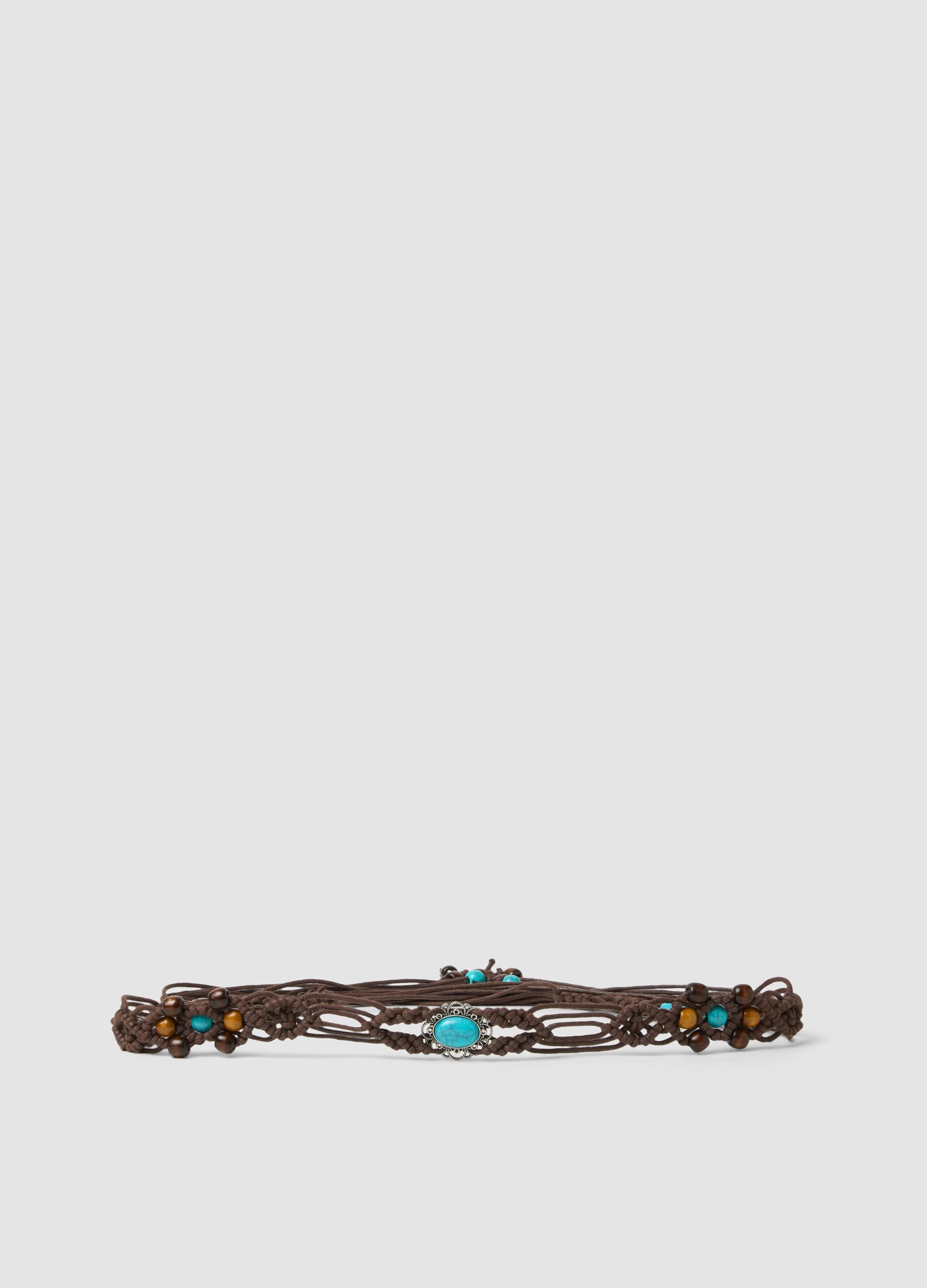Brown braided belt with beads and decorative stones
